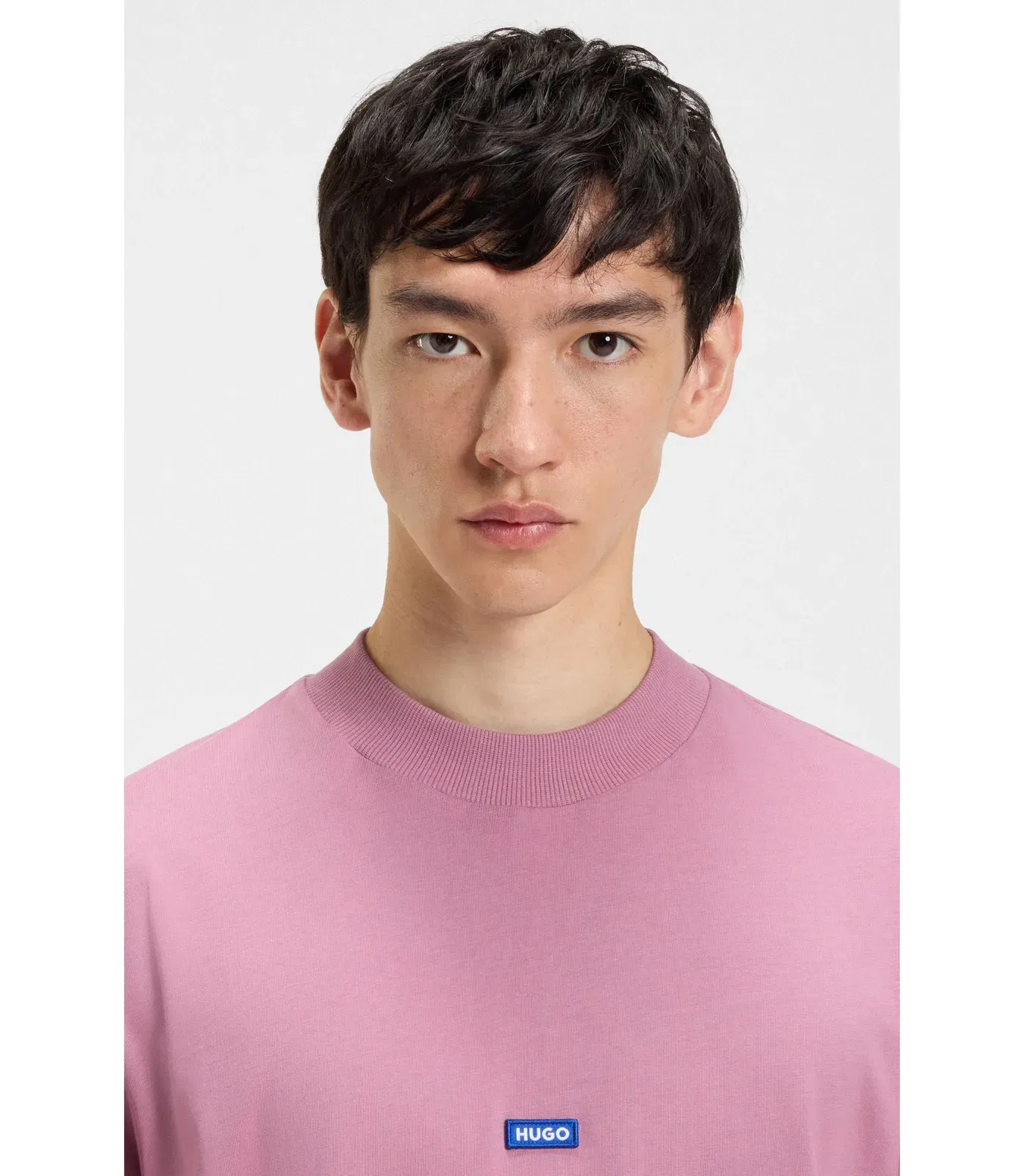 Hugo Cotton Jersey T-Shirt With Blue Logo Patch Dark Pink
