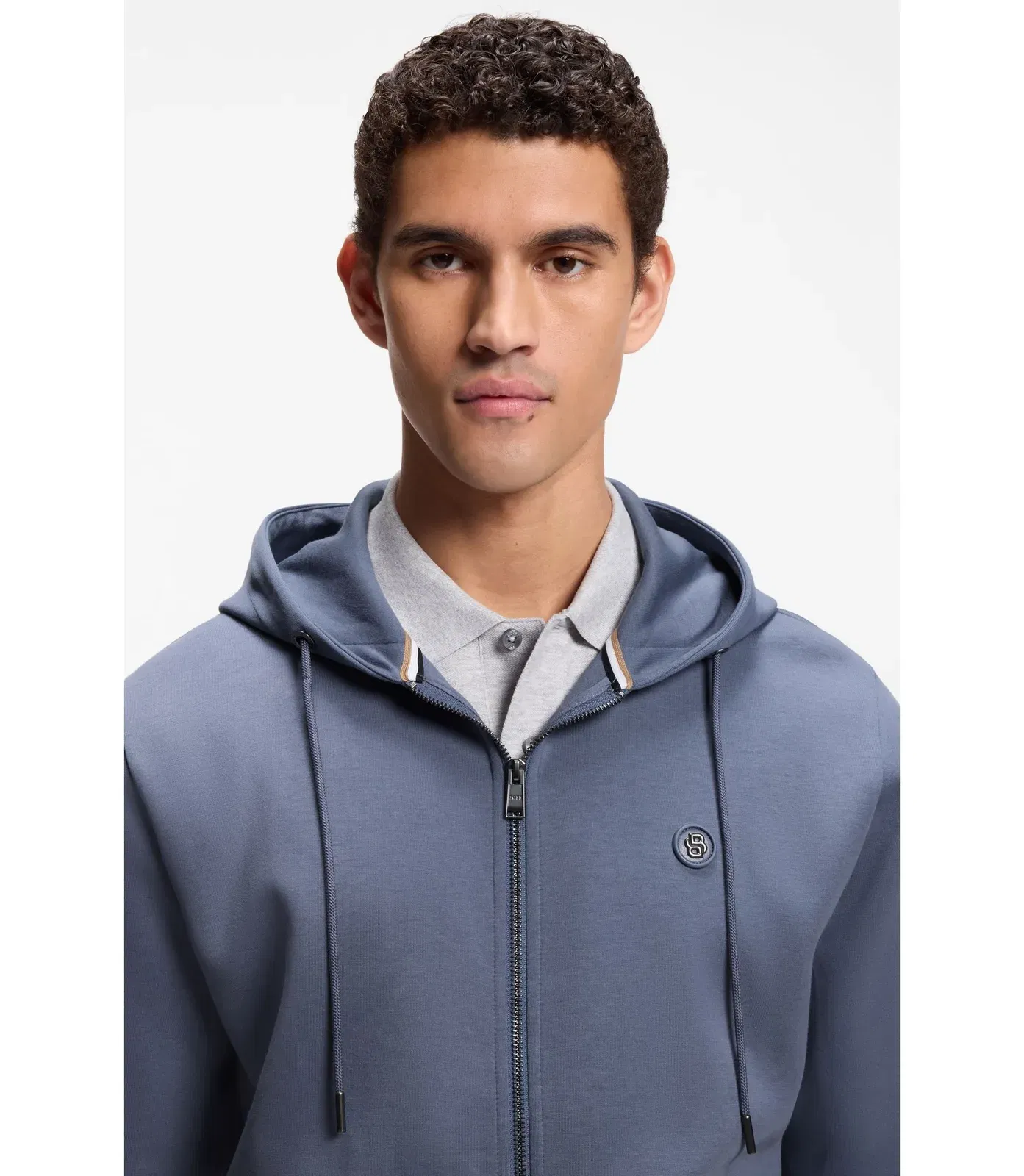 Boss Cotton Blend Zip Up Hoodie With Double B Monogram Light Blue