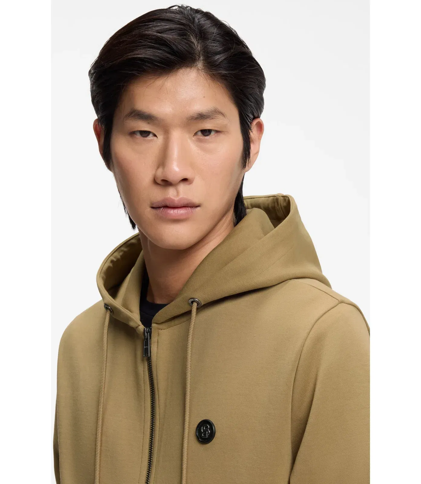 Boss Cotton Blend Zip Up Hoodie With Double B Monogram Khaki