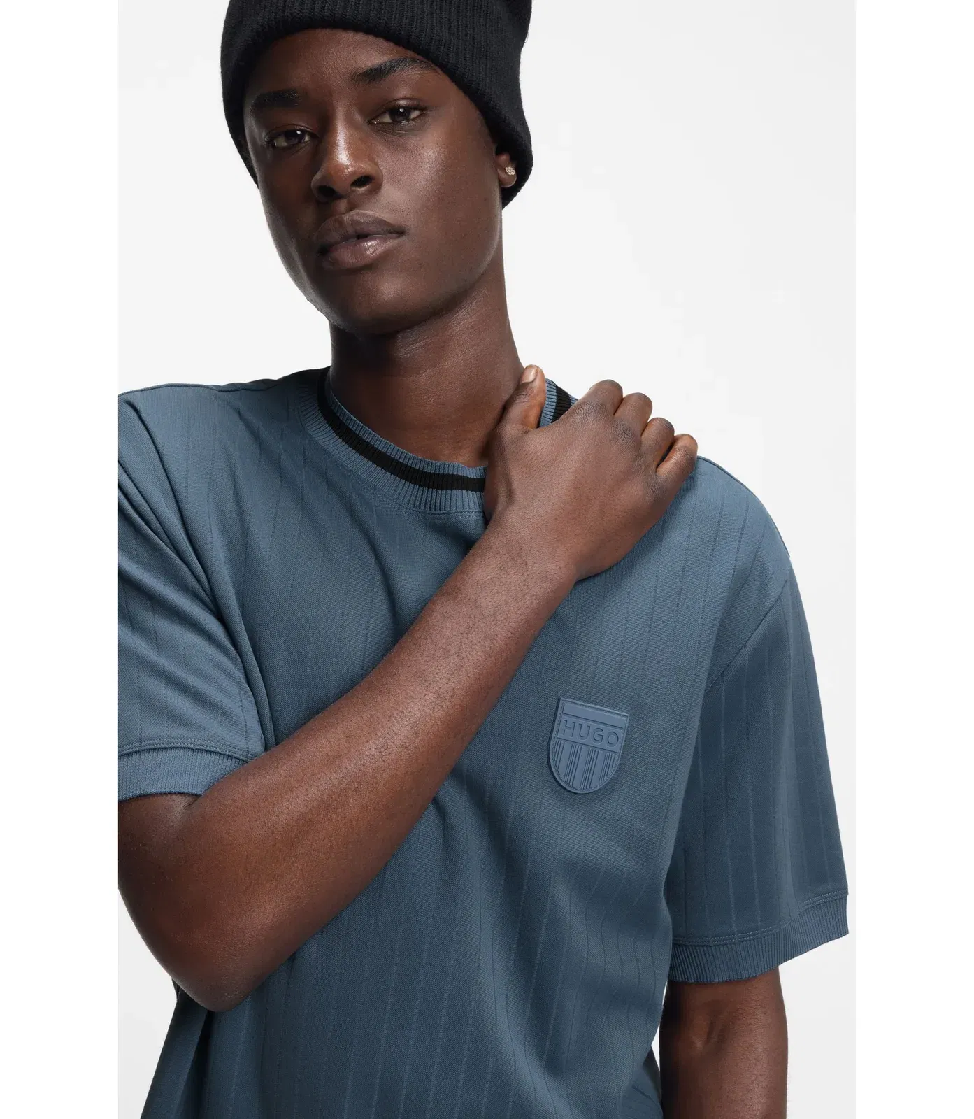 Hugo Cotton Blend T-Shirt With Drop Needle Stripe Light Blue