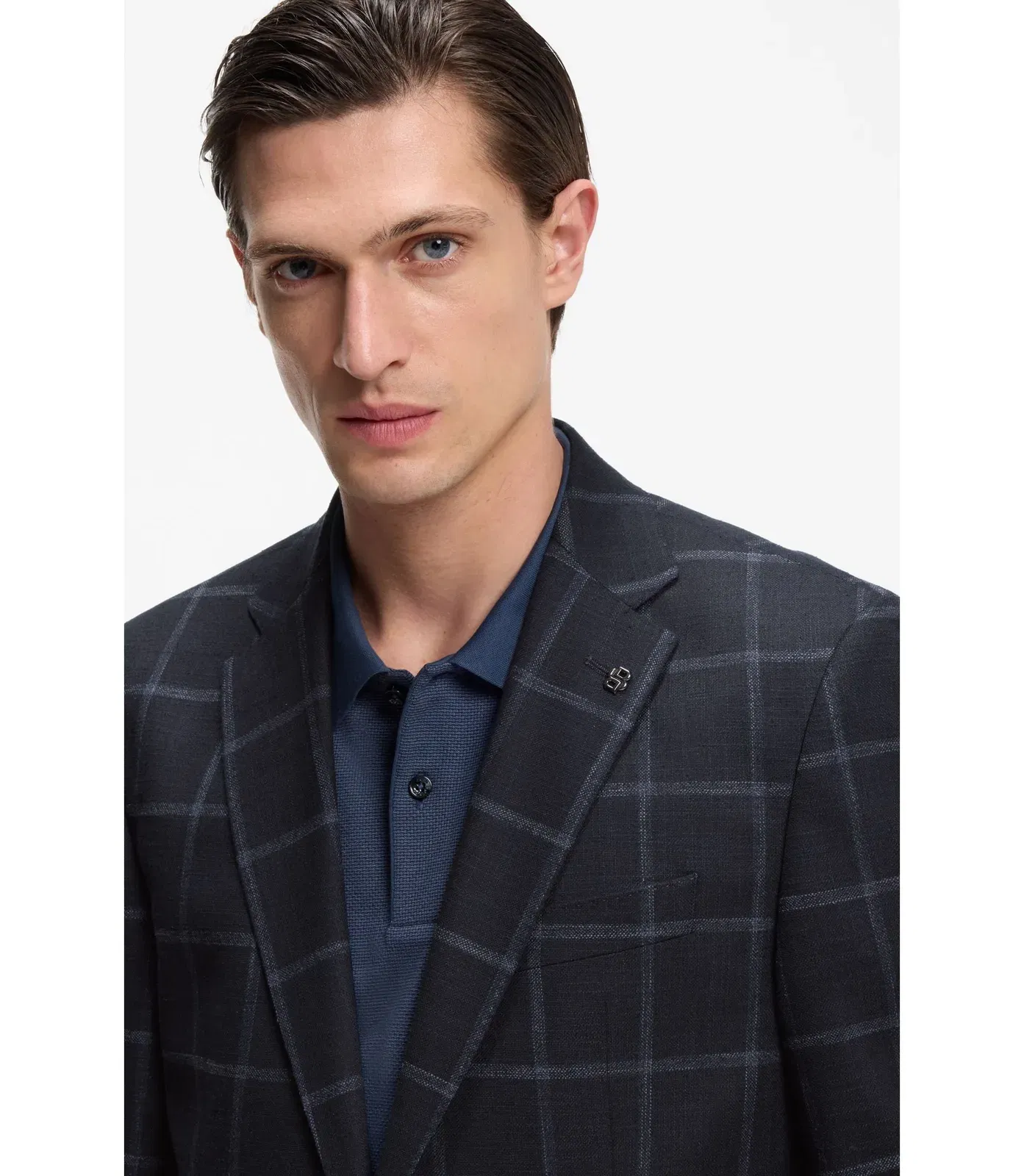 Boss Checked Regular Fit Jacket In Comfort Stretch Cloth Dark Blue