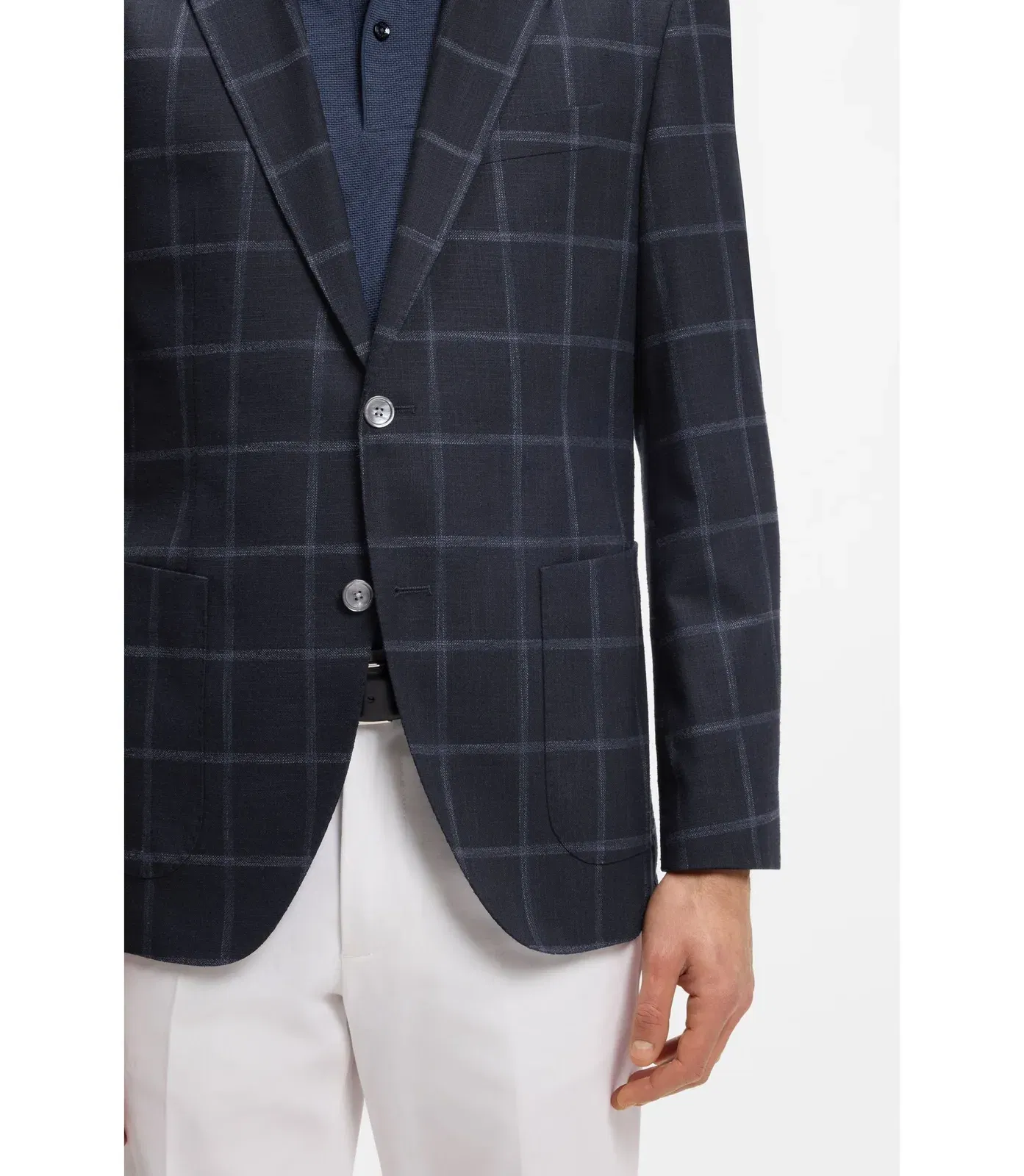 Boss Checked Regular Fit Jacket In Comfort Stretch Cloth Dark Blue