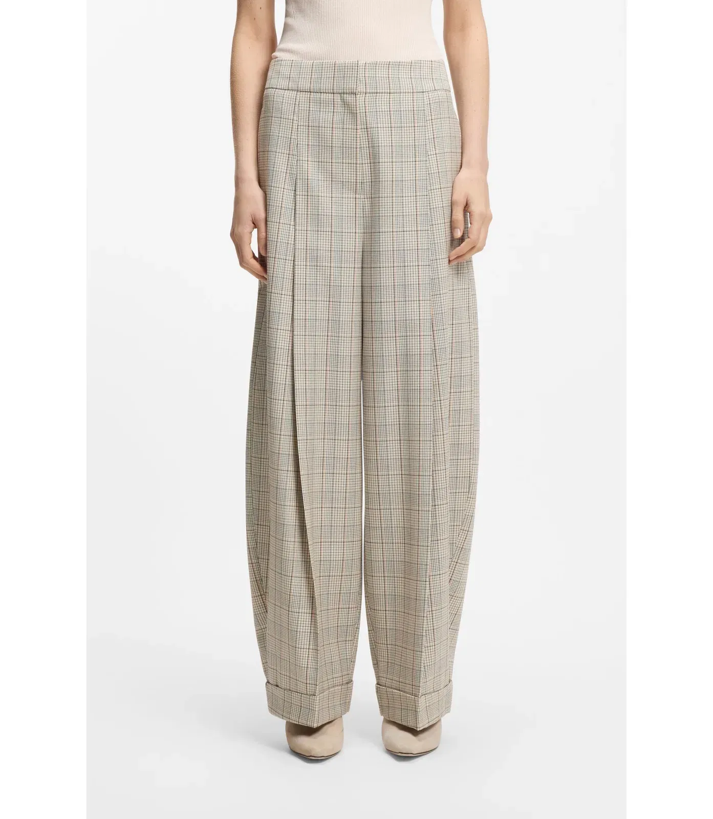 Boss Checked Oversized Fit Trousers In Stretch Wool Patterned Women's