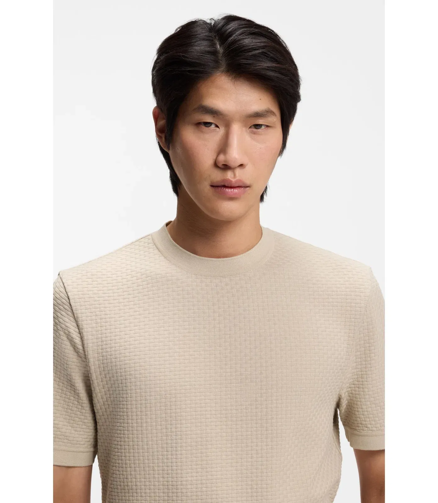 Boss Basket Weave T-Shirt In Mercerised Cotton Khaki