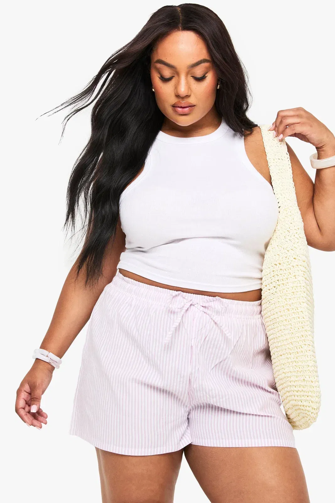 Plus Lilac Seersucker Stripe Drawstring Waist Shorts