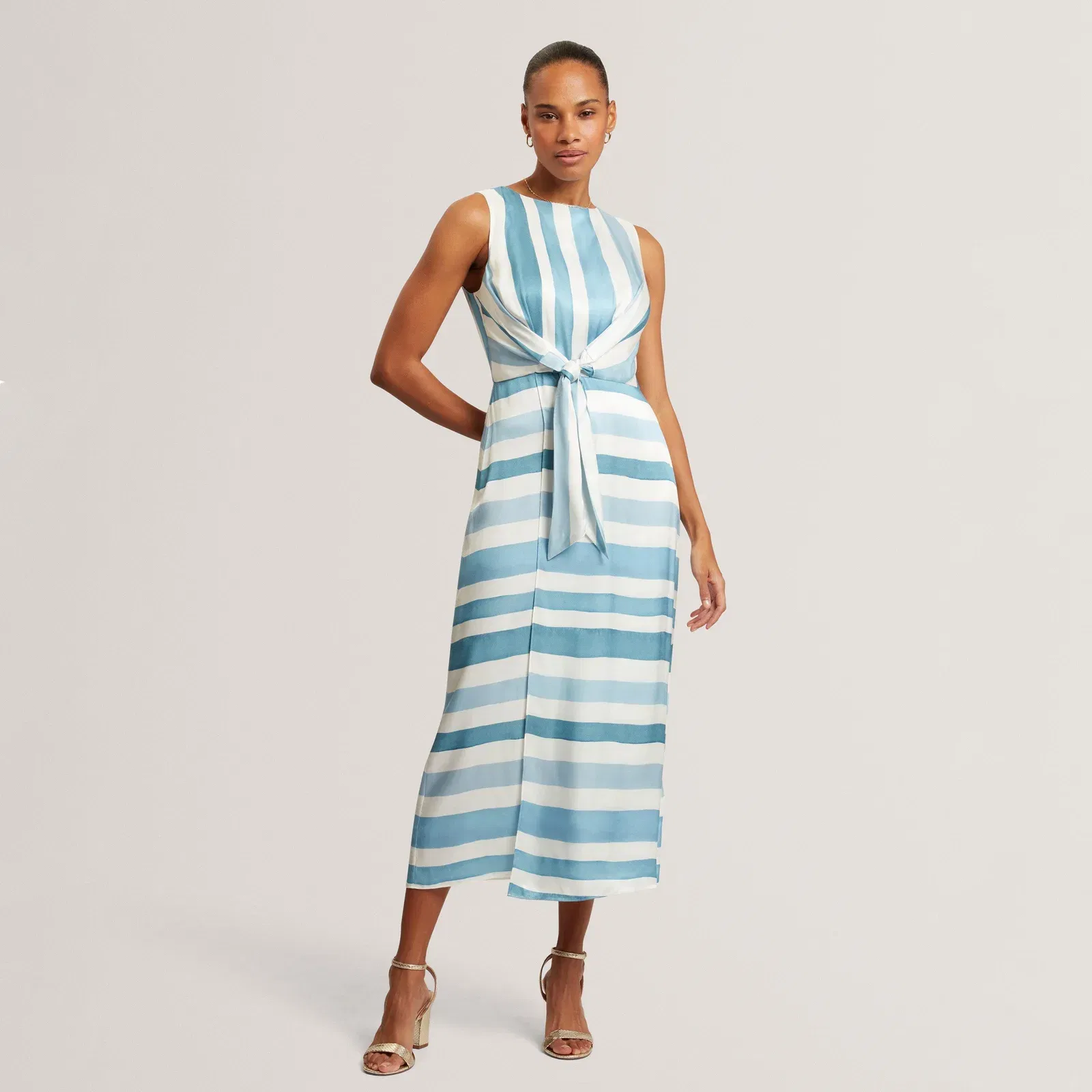 Ted Baker Blue Stripe Tie Front Sleeveless Midi Dress