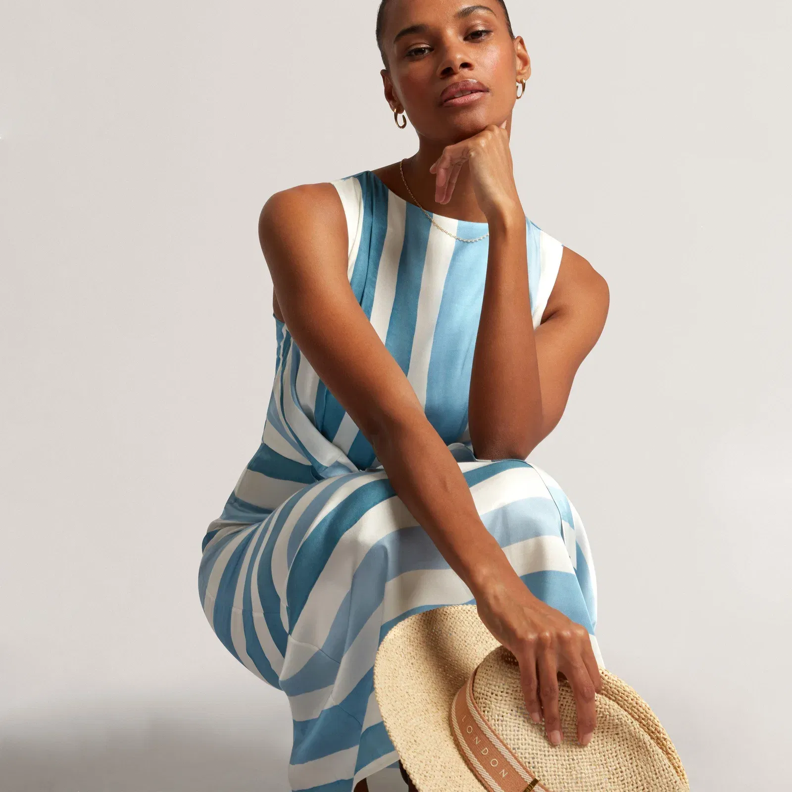 Ted Baker Blue Stripe Tie Front Sleeveless Midi Dress