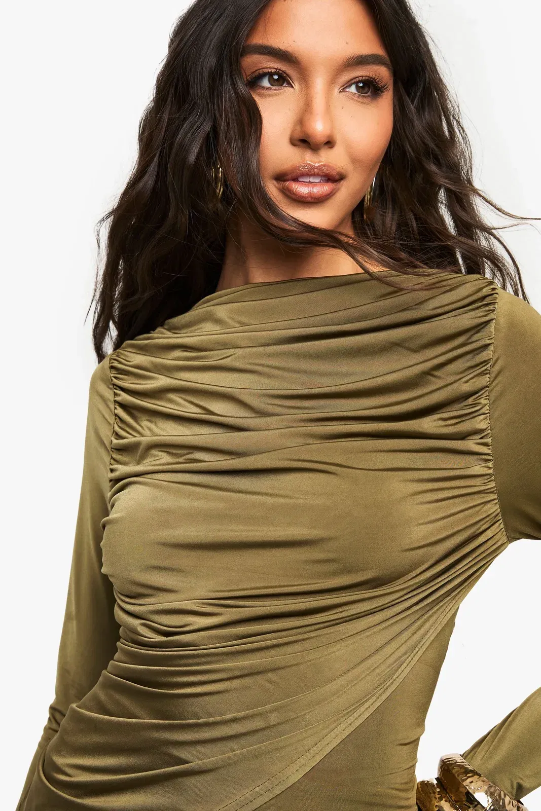 Slinky Ruched Front Long Sleeve Top