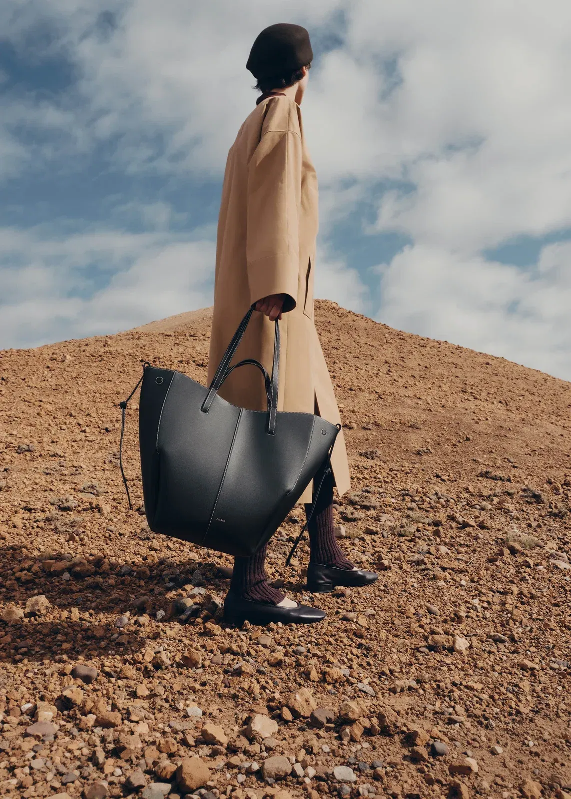 Polene Cyme Tote Textured Black with Ecru Stitching