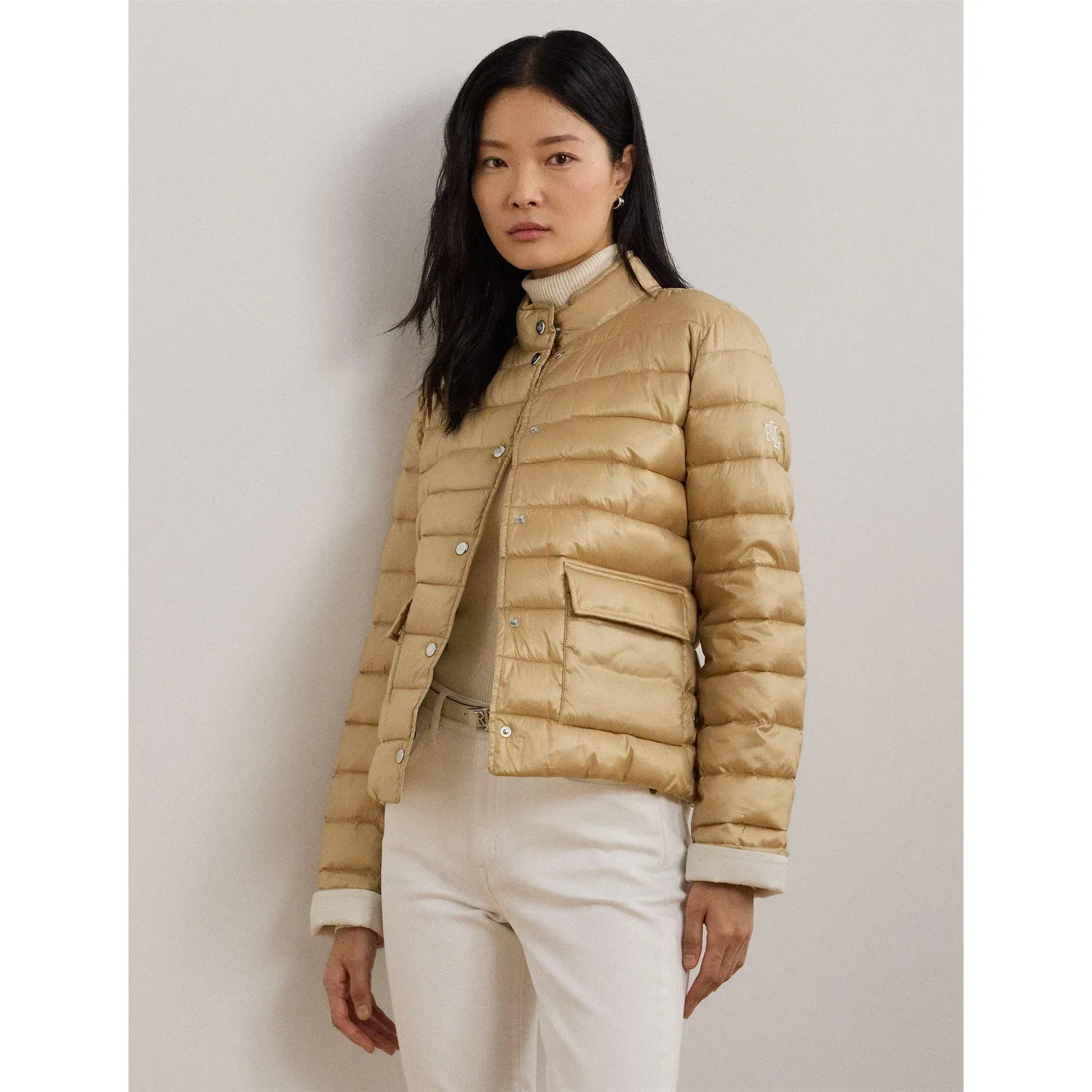 Metallic Quilted Duck Down Long Sleeve Short Puffer Jacket