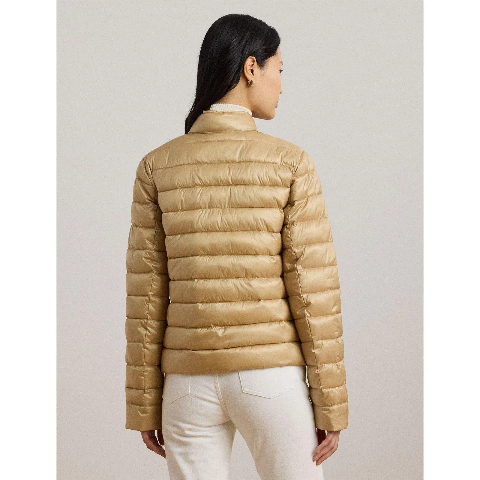 Metallic Quilted Duck Down Long Sleeve Short Puffer Jacket