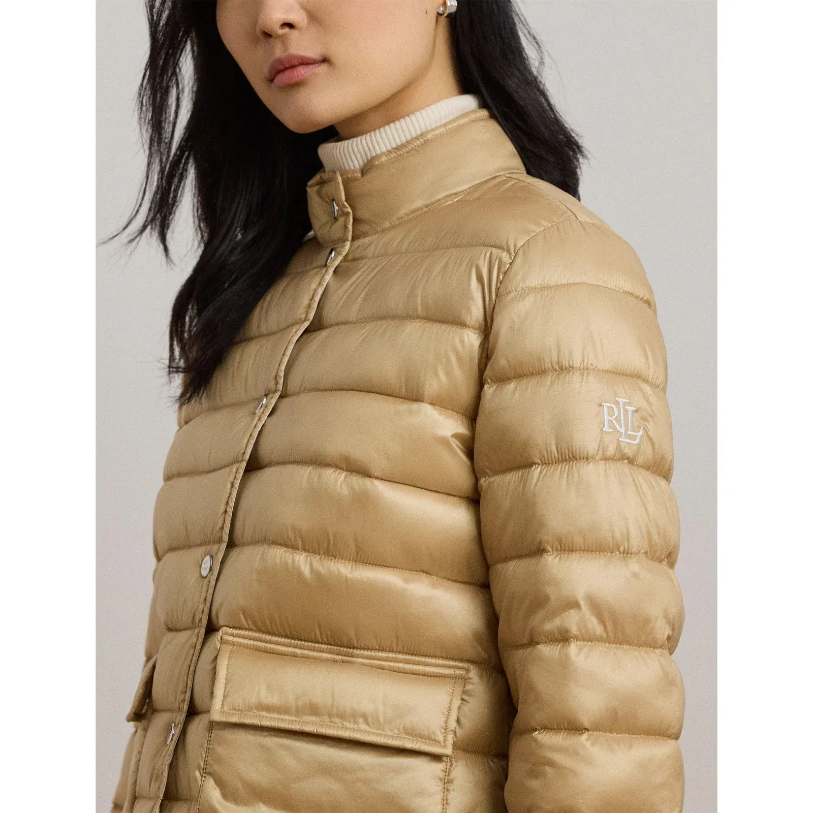 Metallic Quilted Duck Down Long Sleeve Short Puffer Jacket