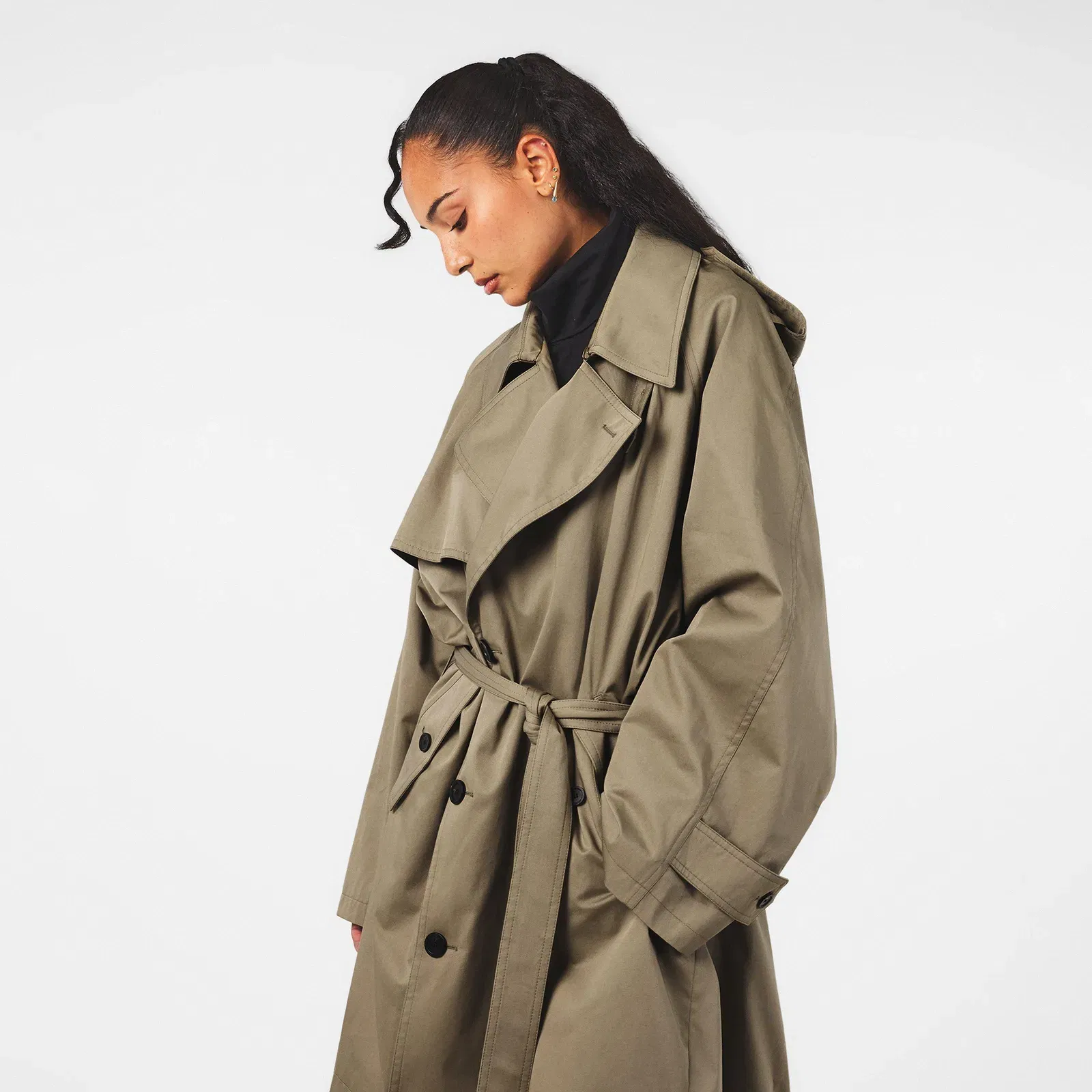 Draped Neck Tailored Fit Trench Coat