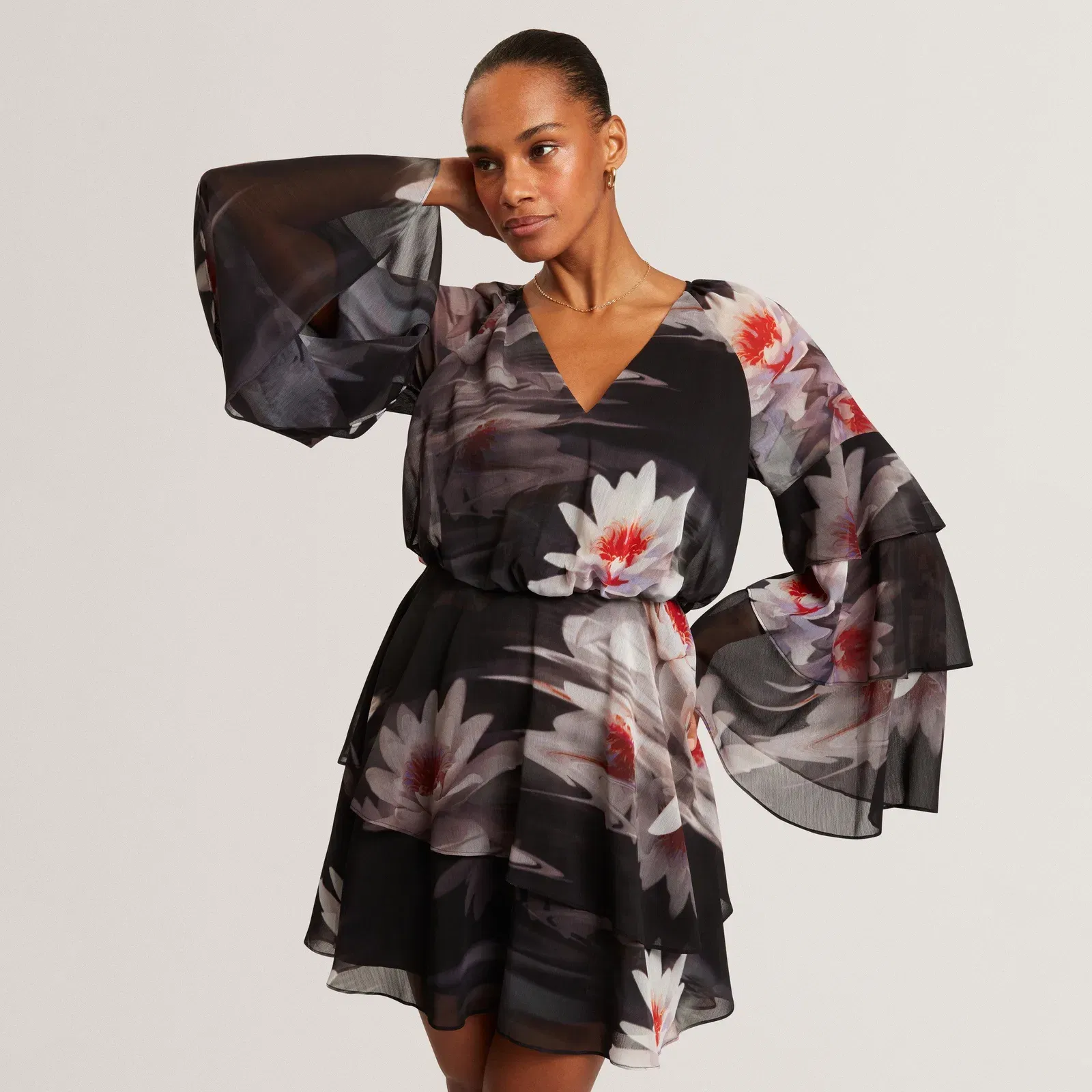 Ted Baker Lily Print Frilled Long Sleeve Mini Dress