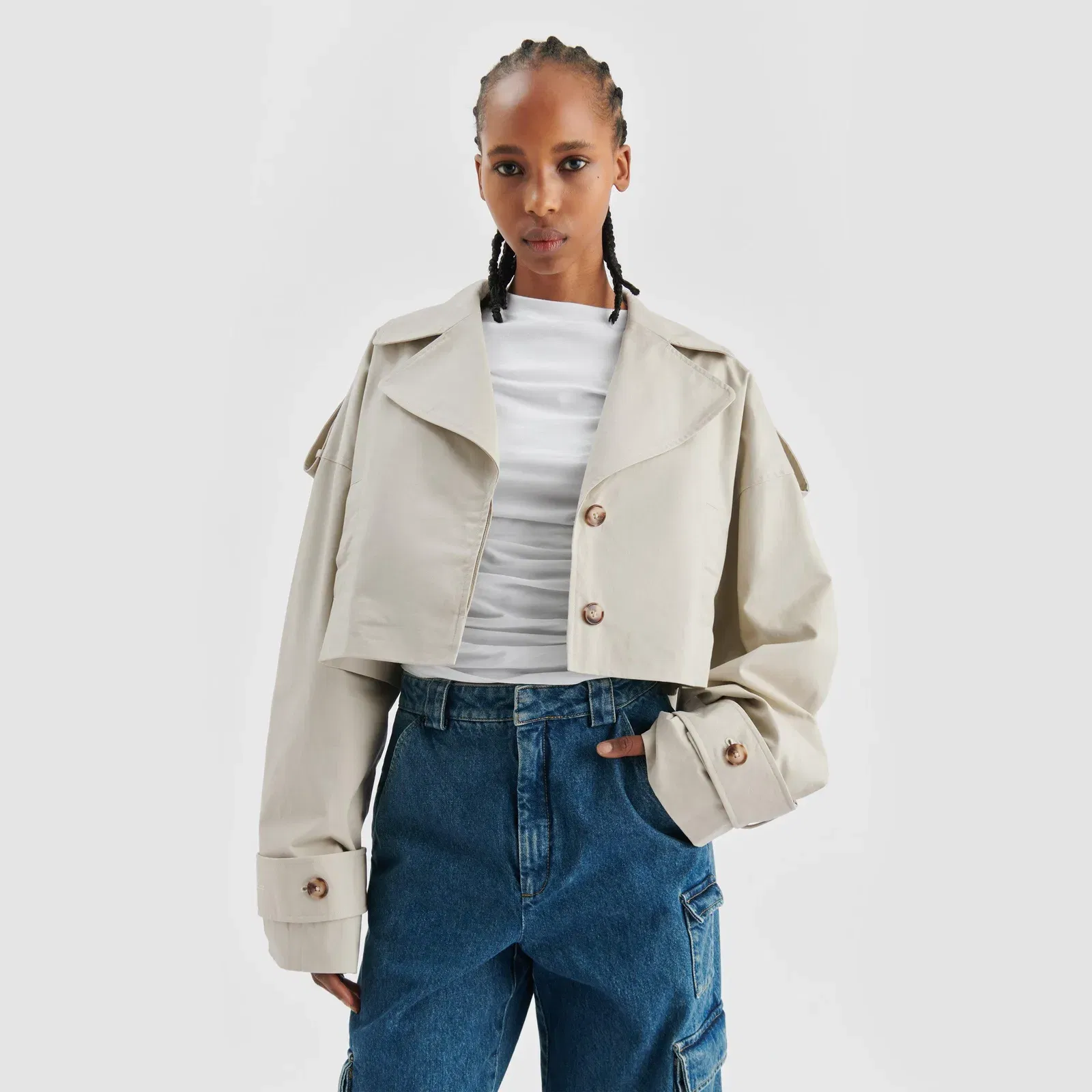 Gaia Water-Repellent Cotton Cropped Long Sleeve Trench Coat