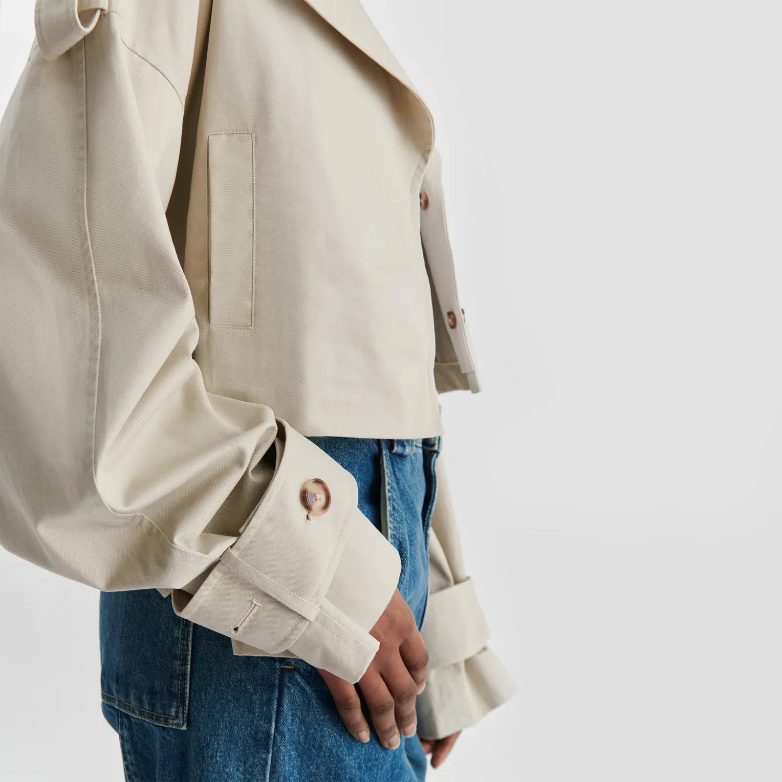 Gaia Water-Repellent Cotton Cropped Long Sleeve Trench Coat