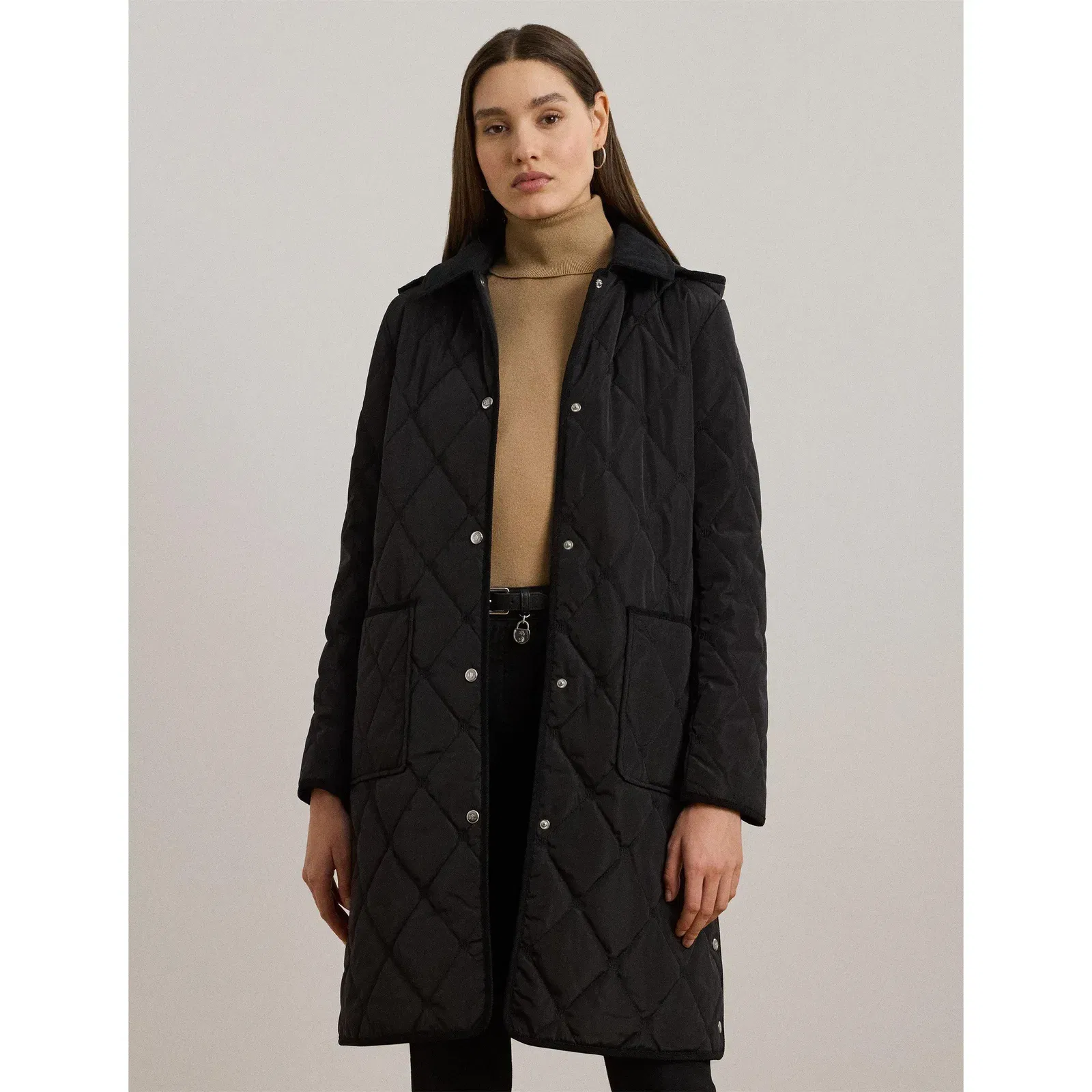 Corduroy Trim Quilted Detachable Hood Long Sleeve Short Puffer Jacket