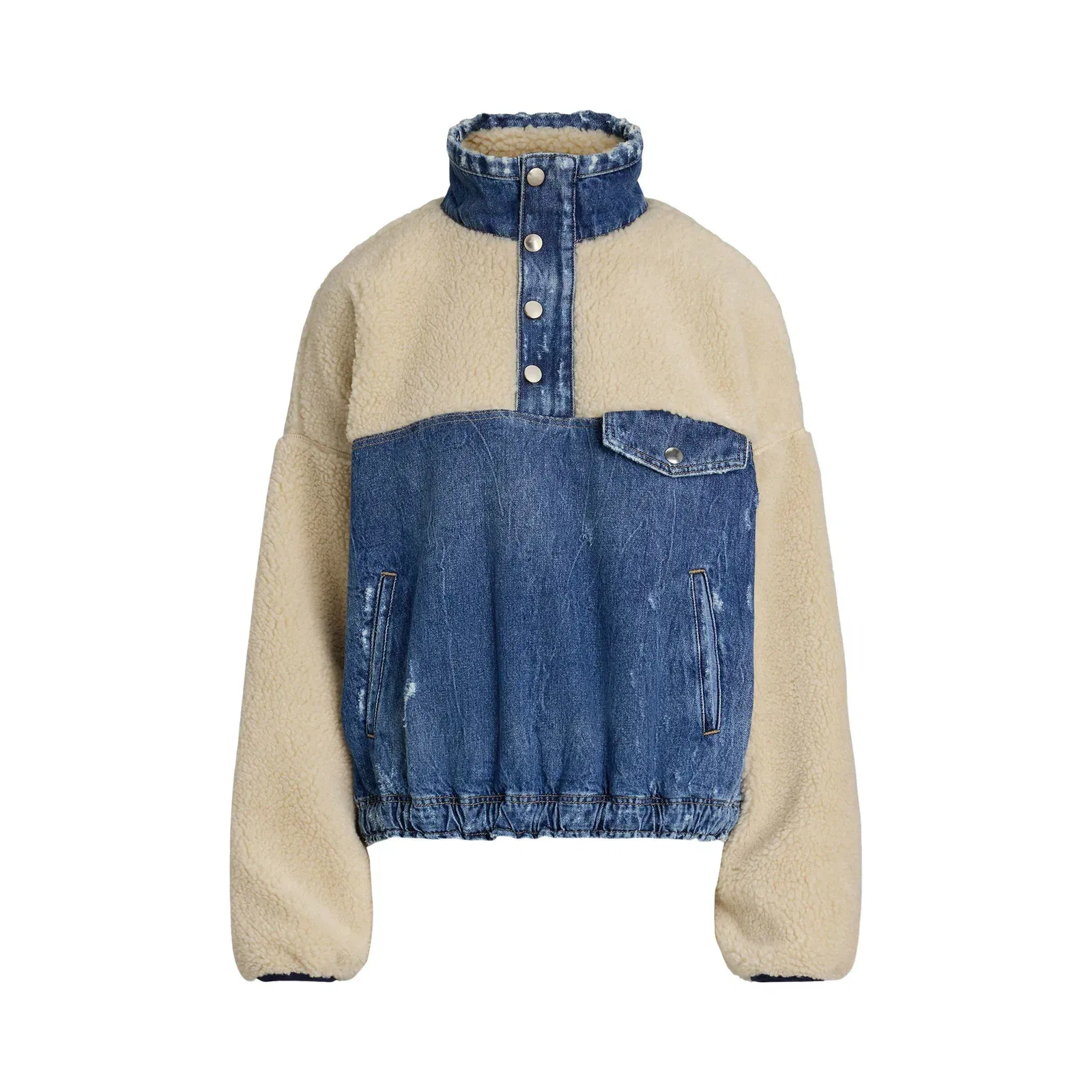 Fleece and Denim Funnel Neck Long Sleeve Oversized Fit Sherpa Jacket