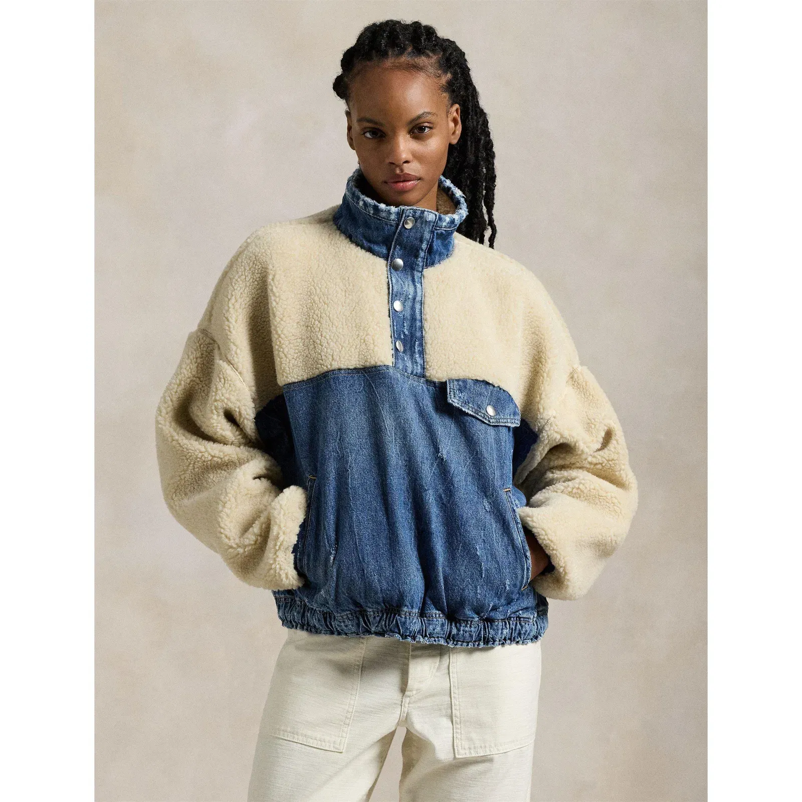 Fleece and Denim Funnel Neck Long Sleeve Oversized Fit Sherpa Jacket