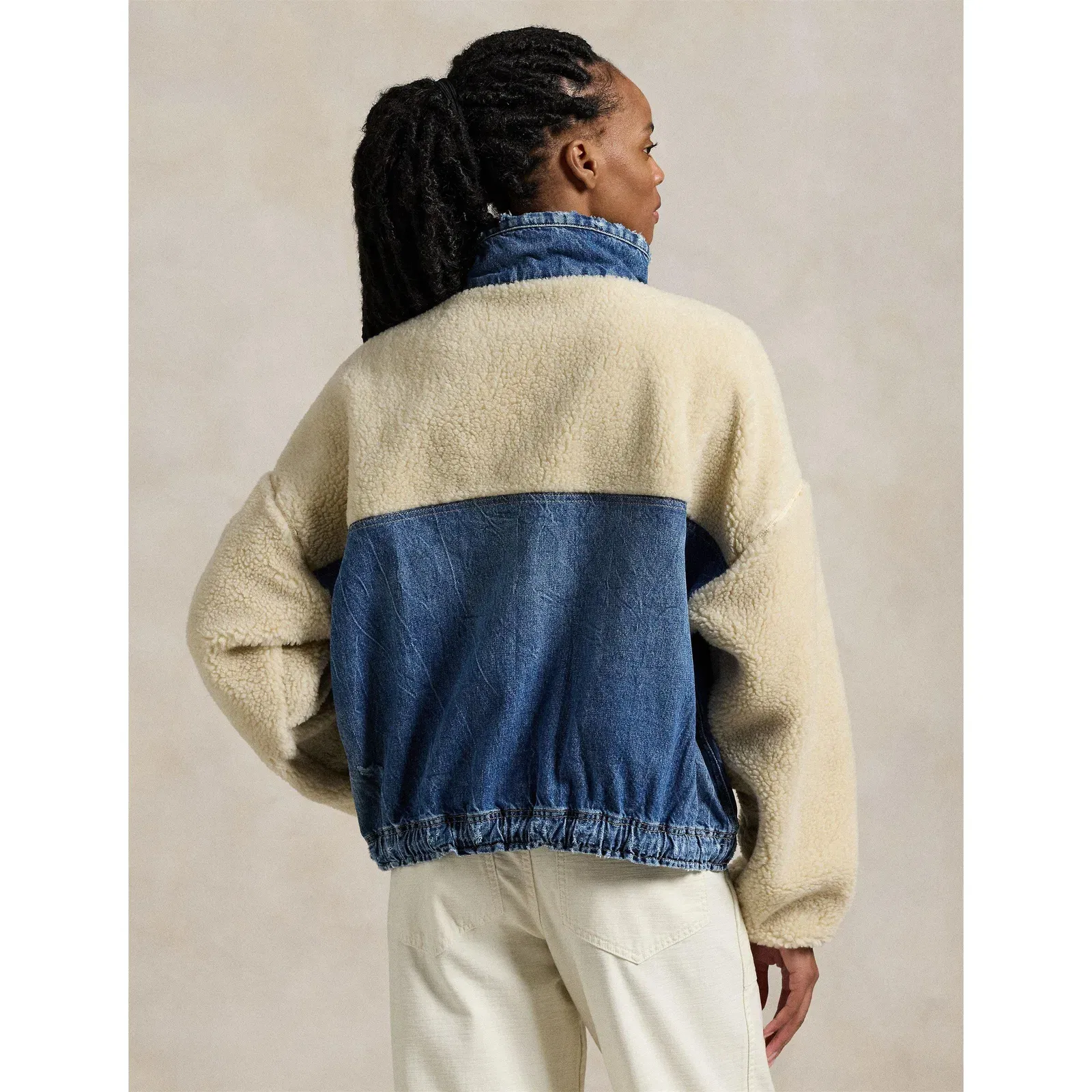Fleece and Denim Funnel Neck Long Sleeve Oversized Fit Sherpa Jacket