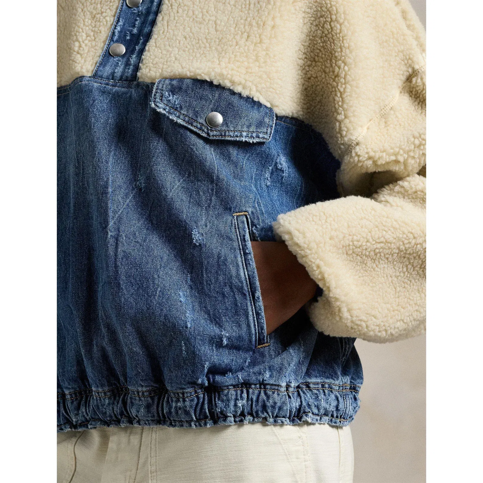 Fleece and Denim Funnel Neck Long Sleeve Oversized Fit Sherpa Jacket
