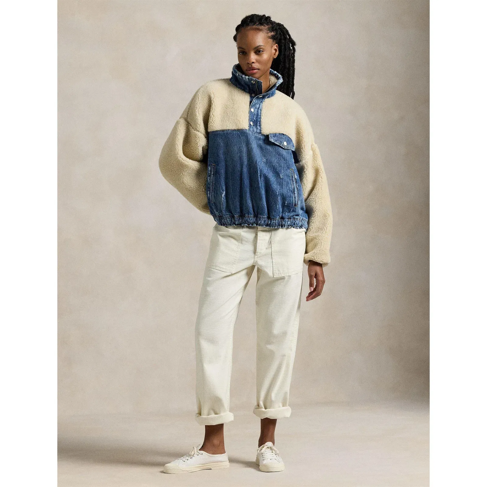 Fleece and Denim Funnel Neck Long Sleeve Oversized Fit Sherpa Jacket