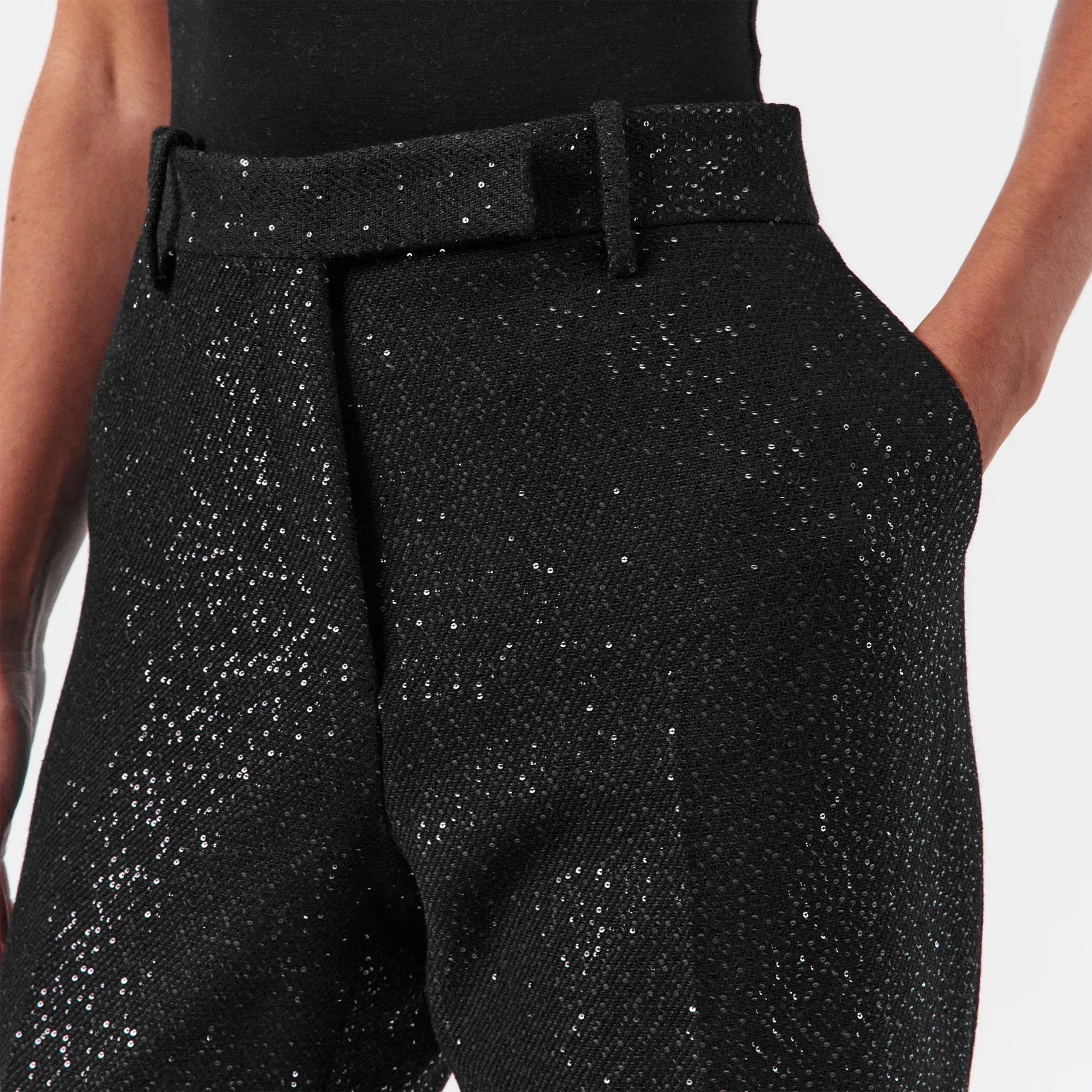 Sequined Wool Blend Crepe Tailored Trouser