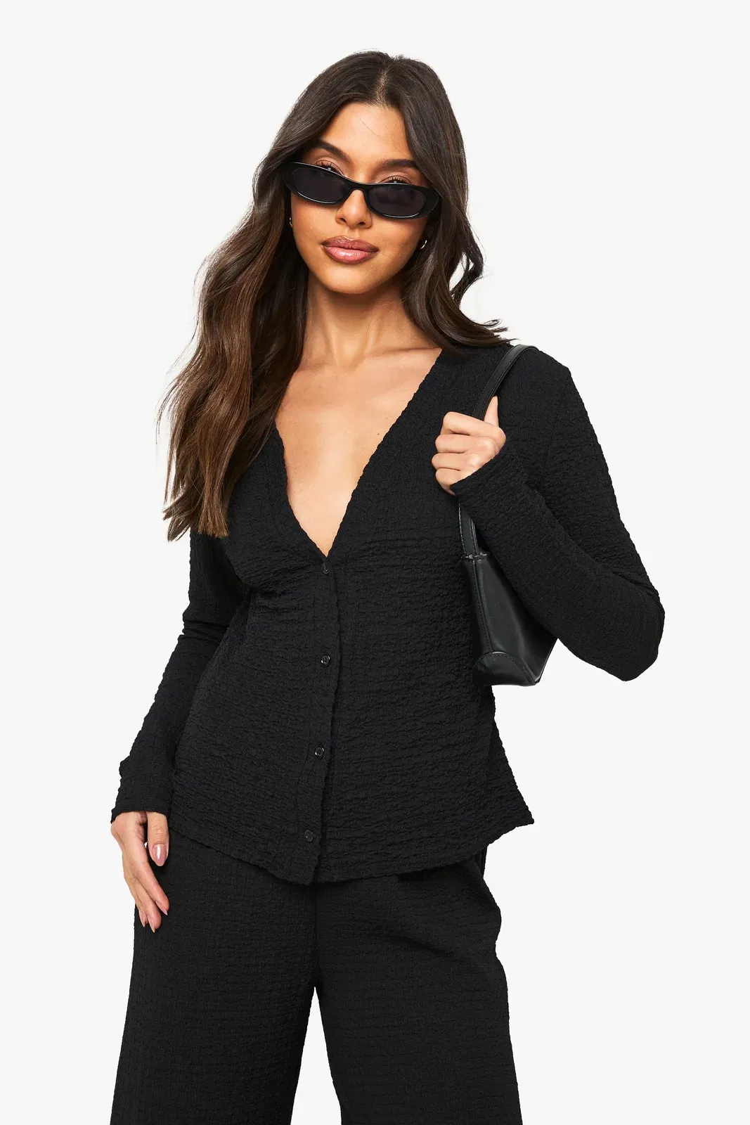 Textured Button Through Long Sleeve Top
