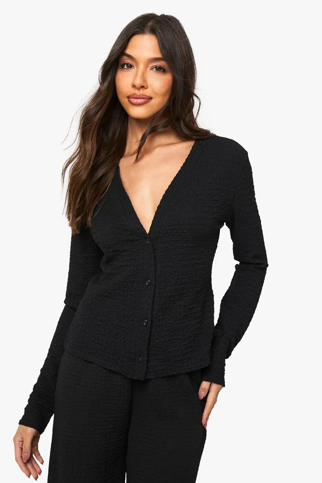 Textured Button Through Long Sleeve Top