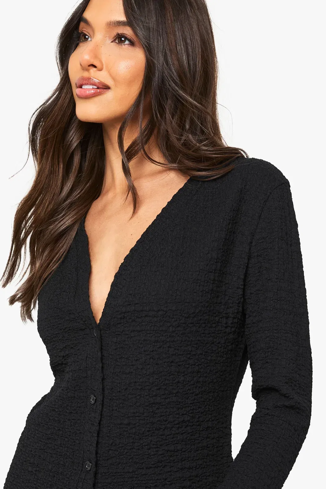 Textured Button Through Long Sleeve Top