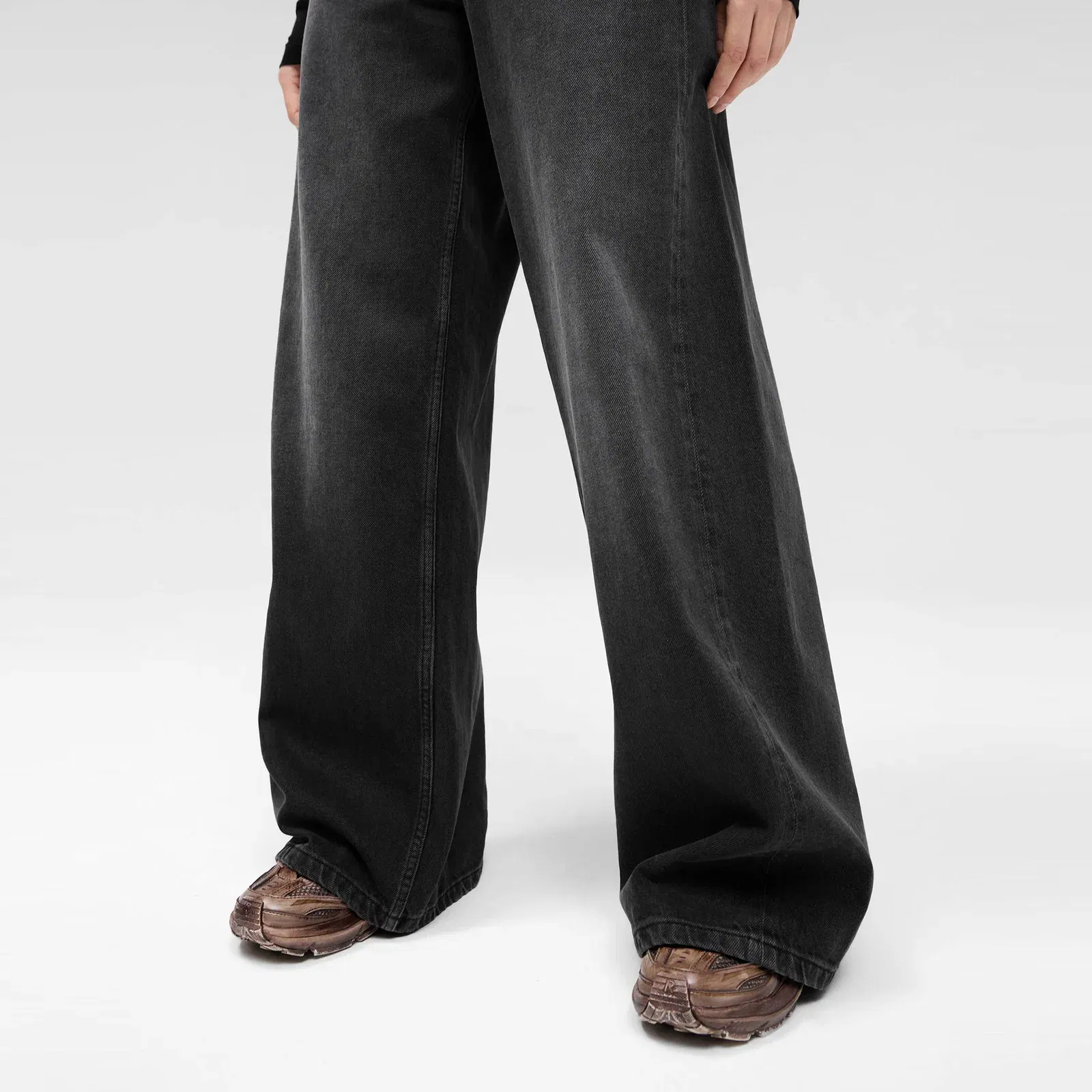 High Waisted Stone Washed Cotton Wide Leg Jeans