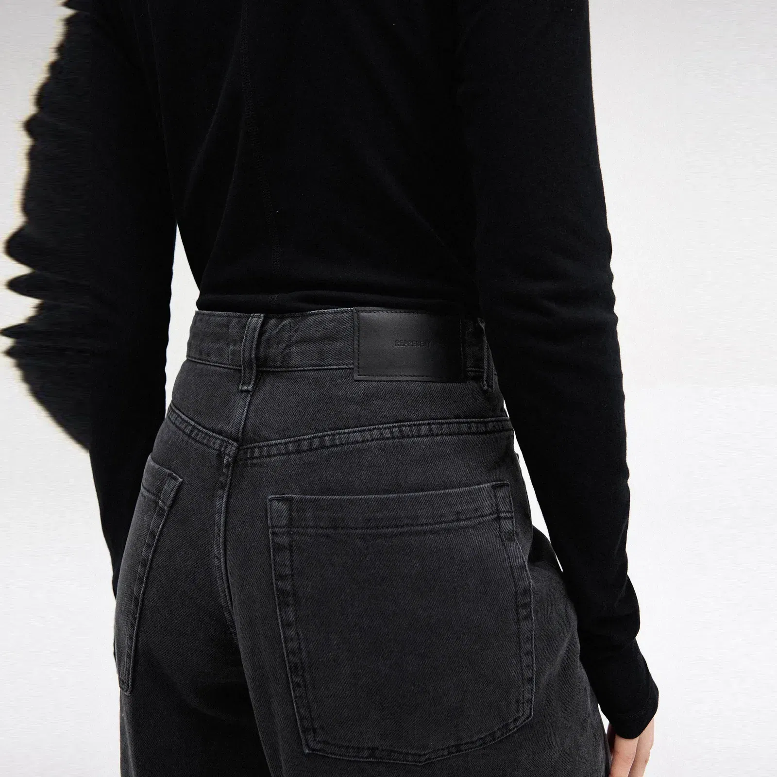 High Waisted Stone Washed Cotton Wide Leg Jeans