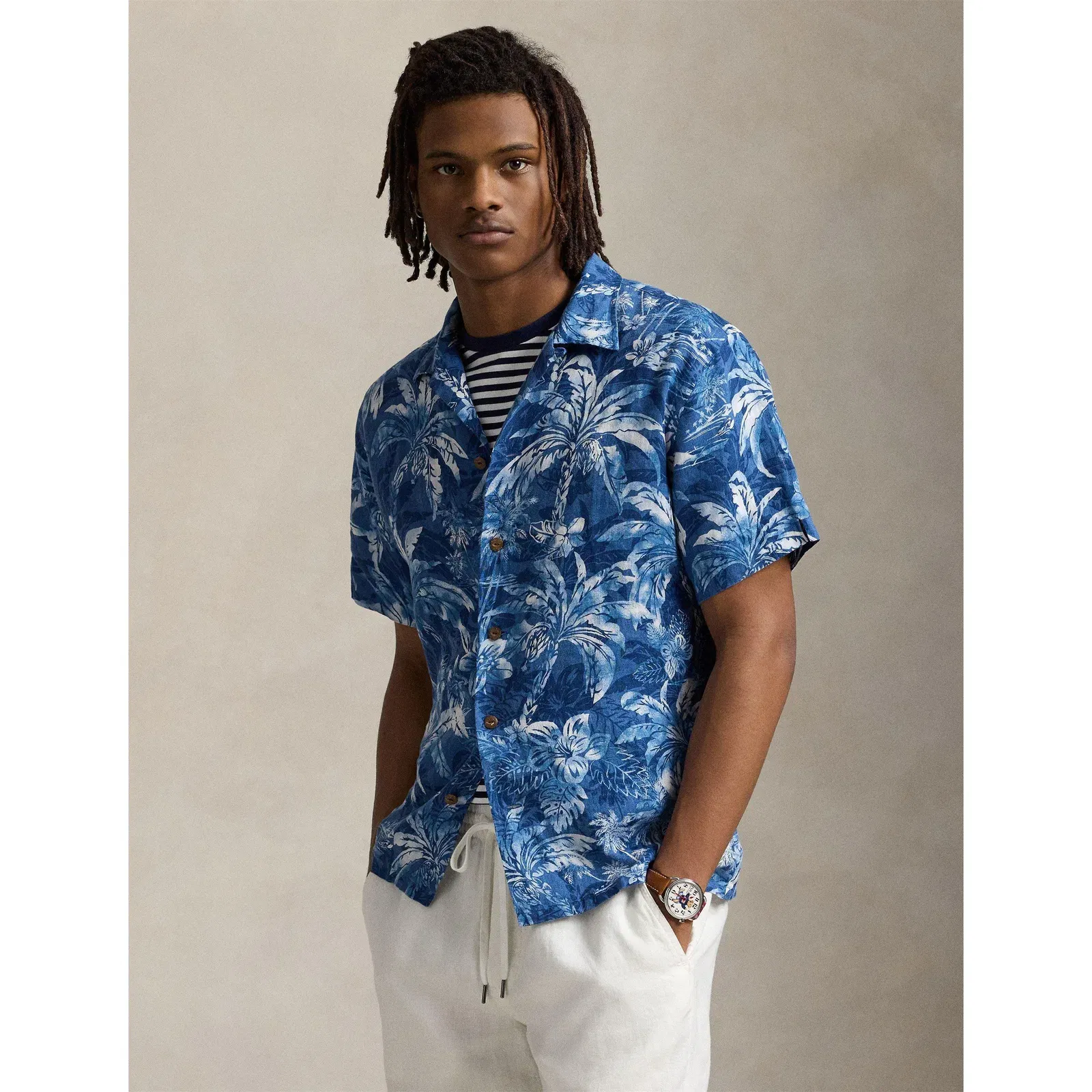 Linen Palm Pattern Short Sleeve Shirt