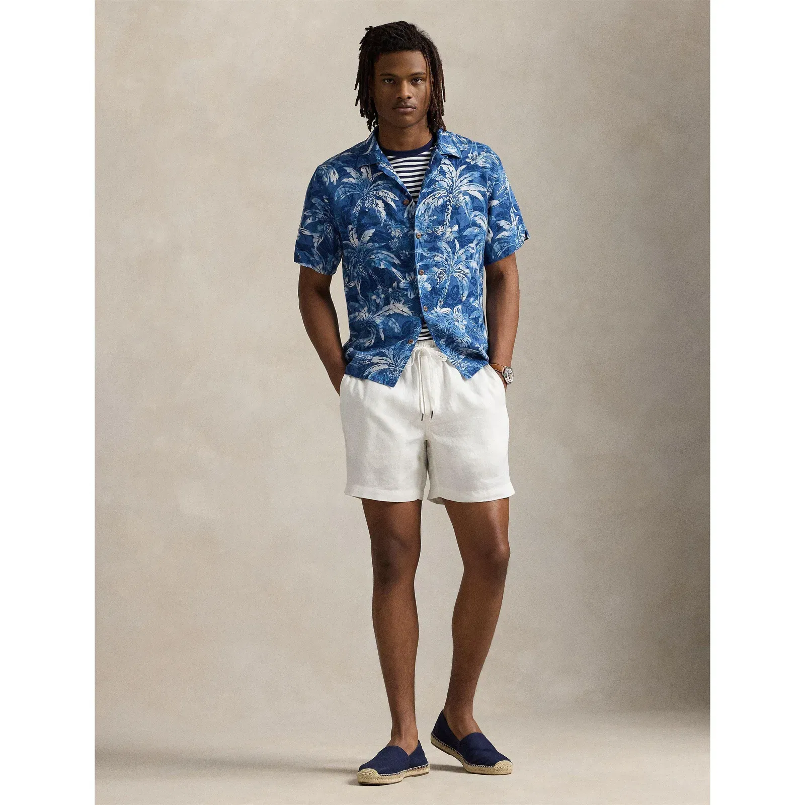 Linen Palm Pattern Short Sleeve Shirt