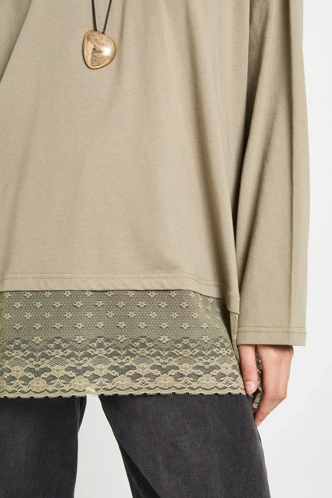Long Sleeve T-shirt with Lace Hem Trim