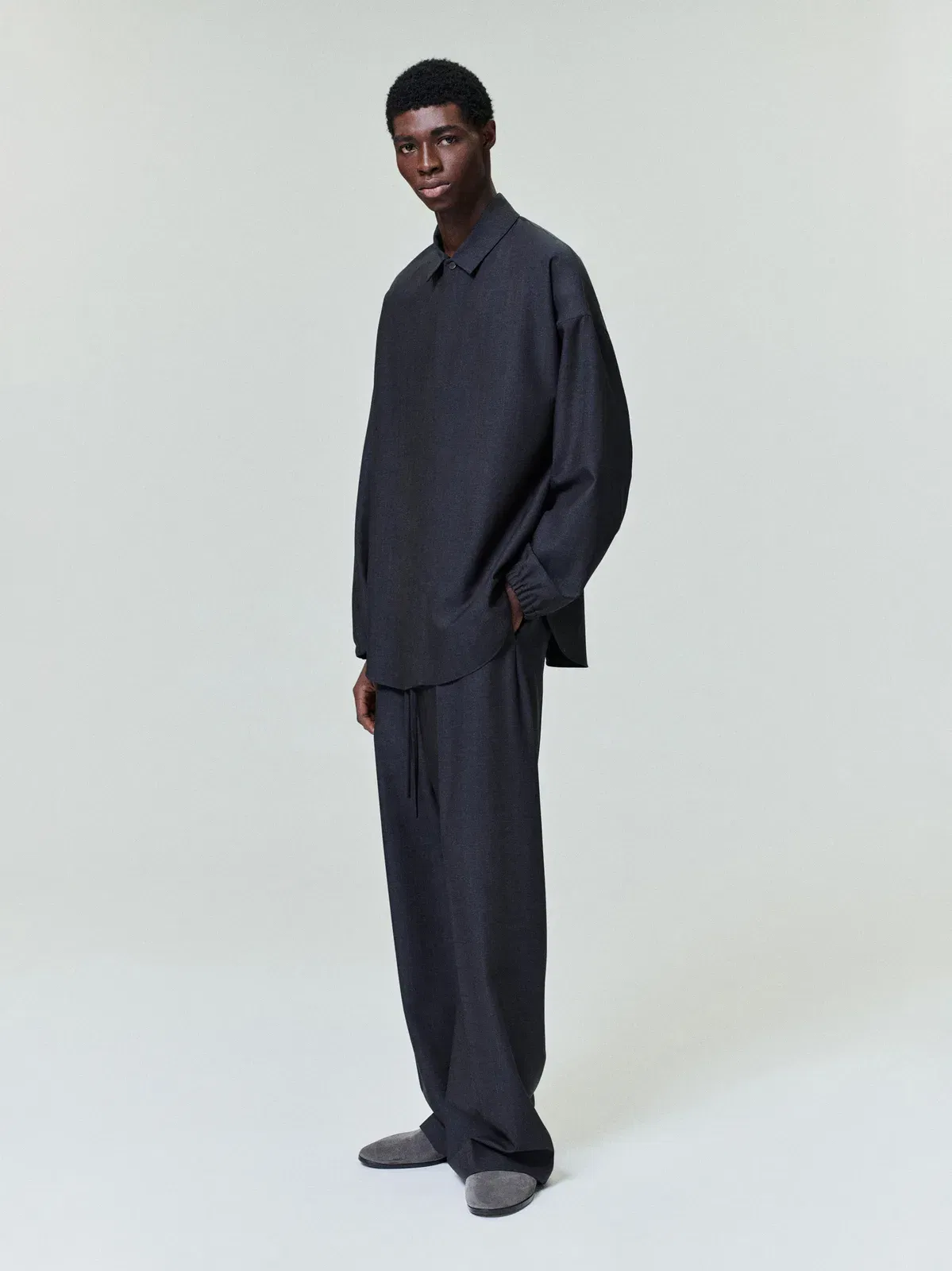 Essentials Grey Striped Wool Wide Leg Drawstring Pants Grey Striped