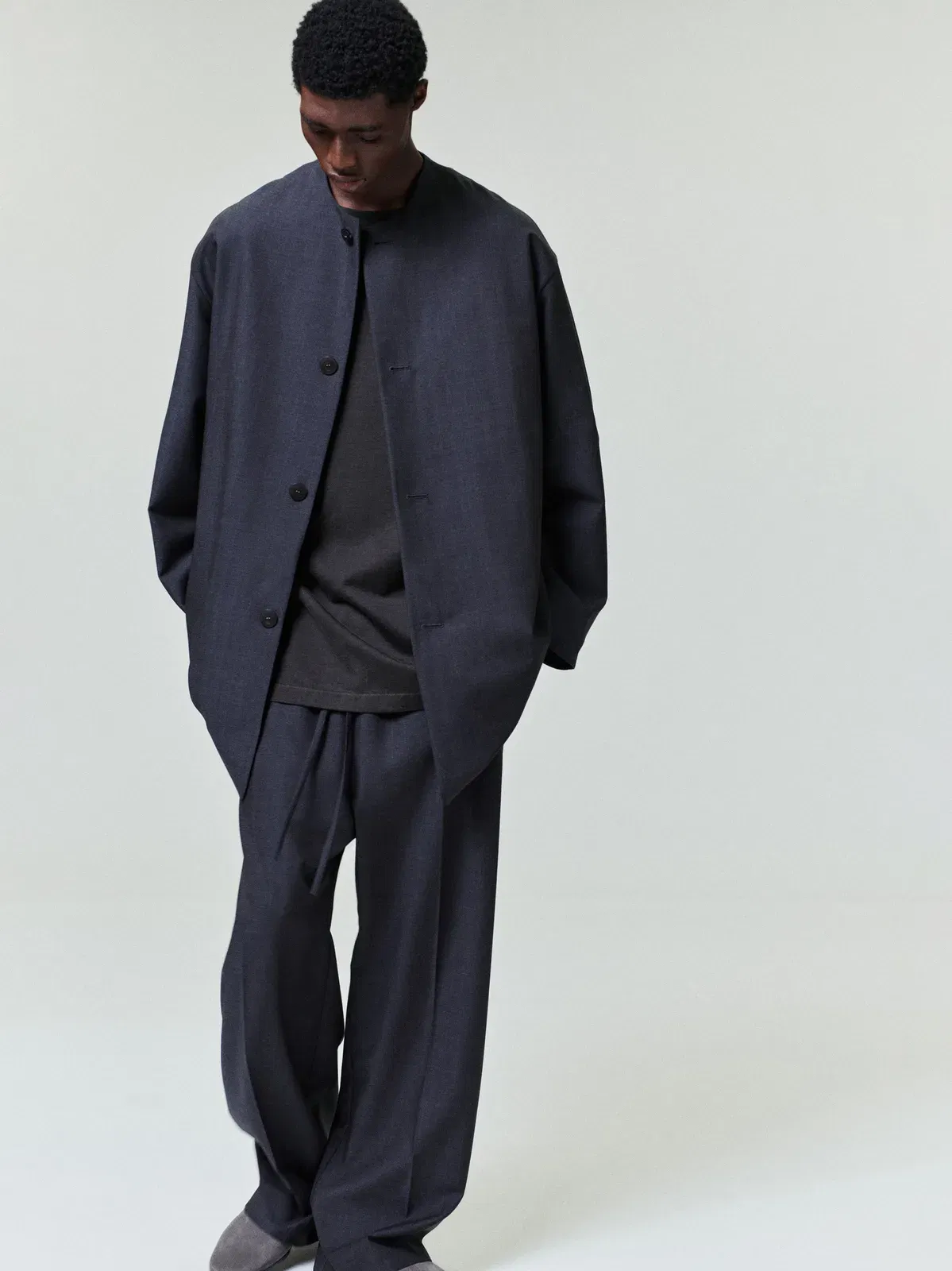 Essentials Grey Striped Wool Wide Leg Drawstring Pants Grey Striped
