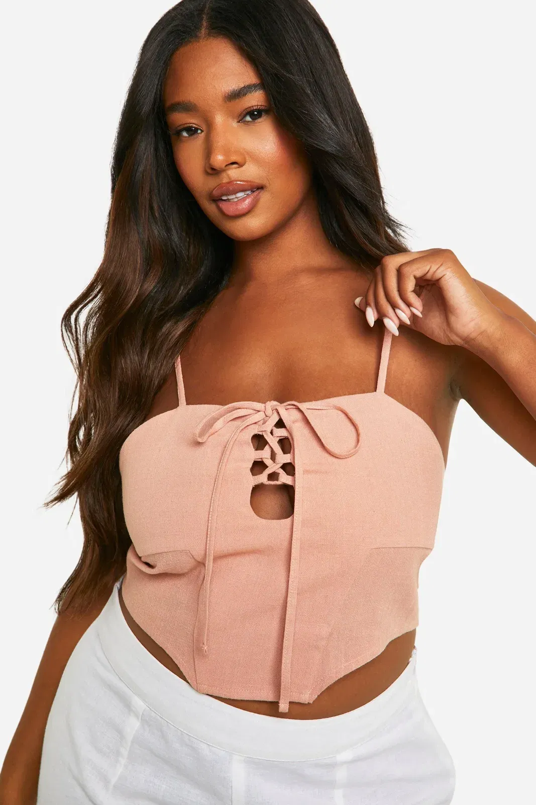 Plus Linen Look Lace Up Corset Top
