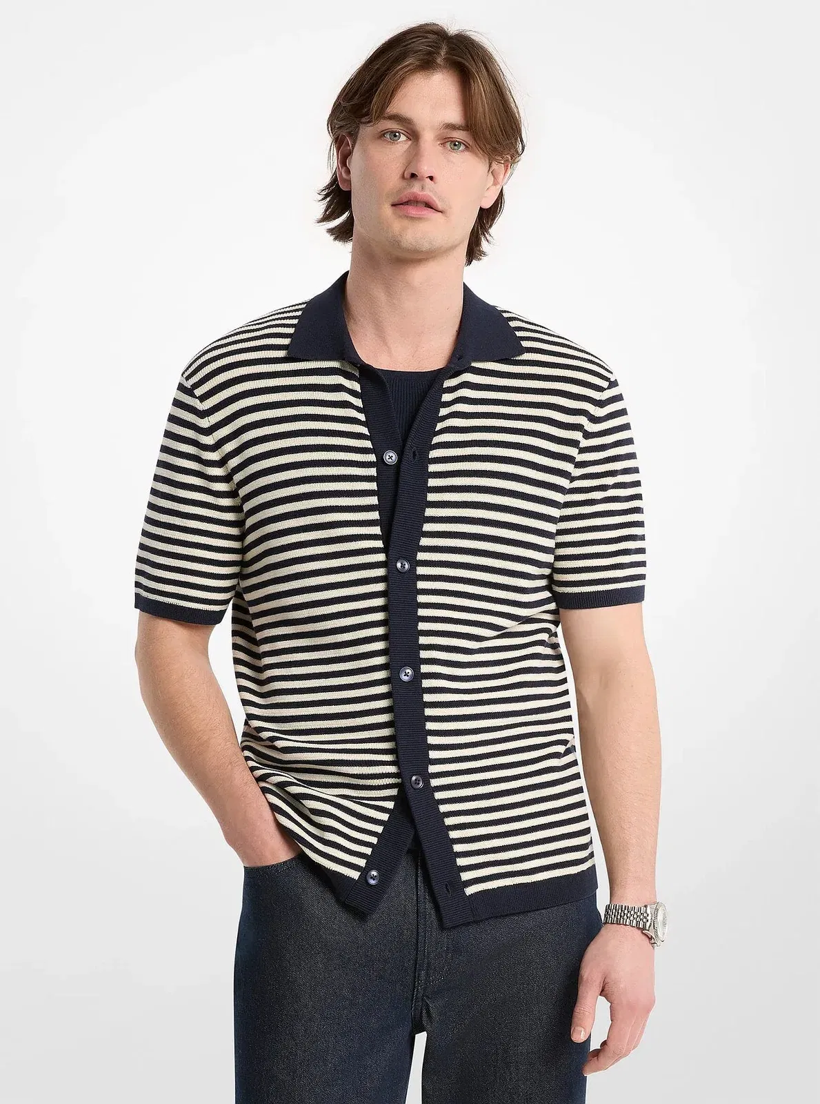 Michael Kors Striped Knit Shirt LT CREAM