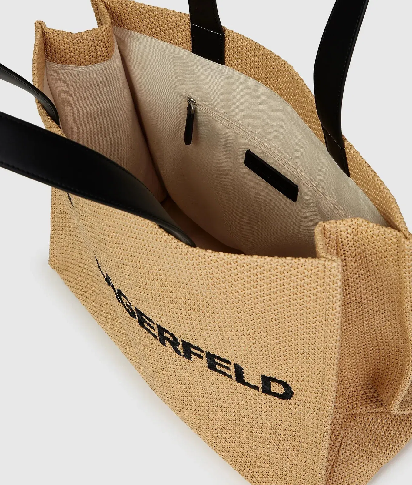 KarlLagerfeld Logo Large Square Woven Beach Bag Natural