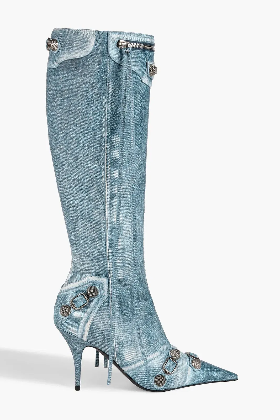 Balenciaga Cagole Denim-Effect Print Leather Knee Boots Light Denim Women's