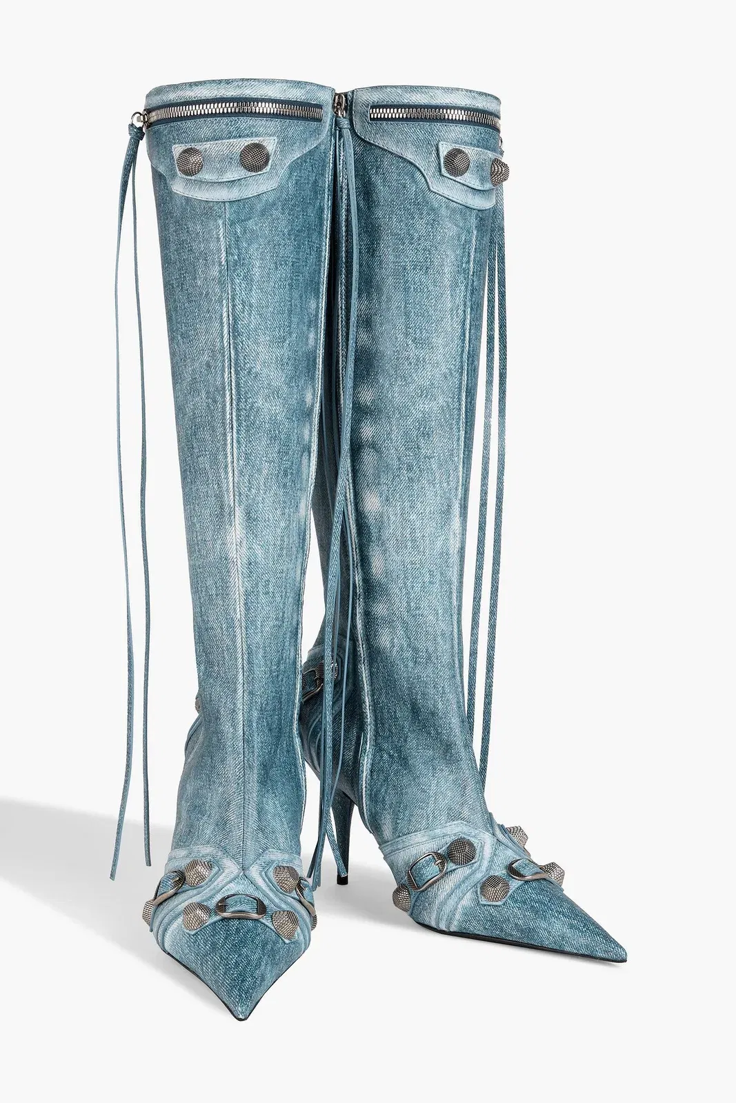 Balenciaga Cagole Denim-Effect Print Leather Knee Boots Light Denim Women's