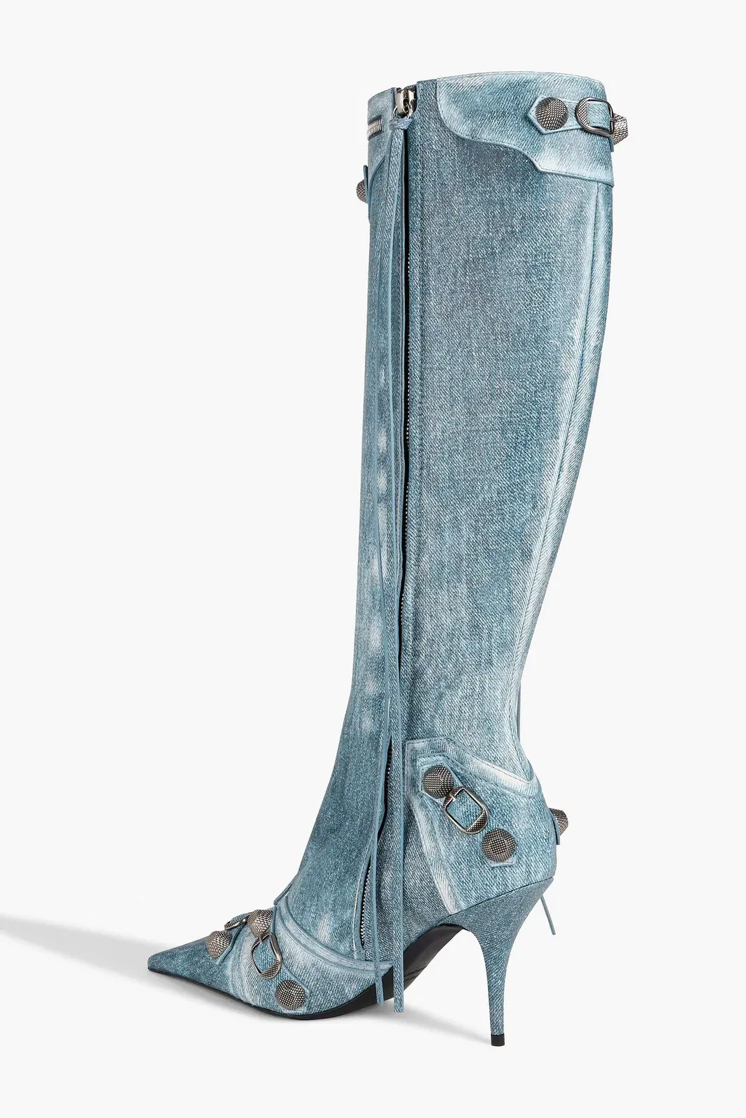Balenciaga Cagole Denim-Effect Print Leather Knee Boots Light Denim Women's