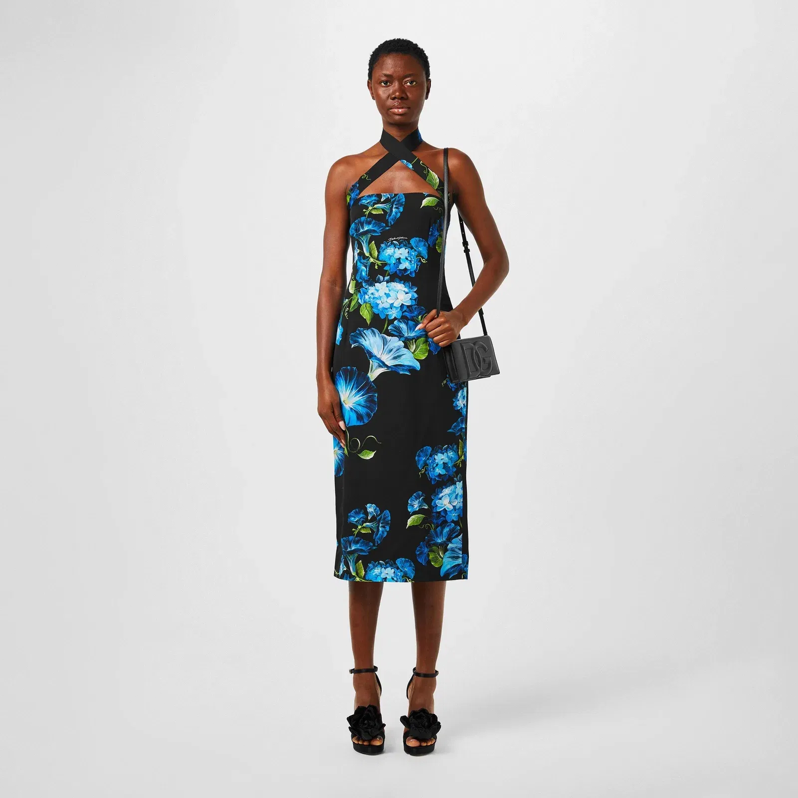 Floral Print Flared Hem Stretch Silk Midi Dress
