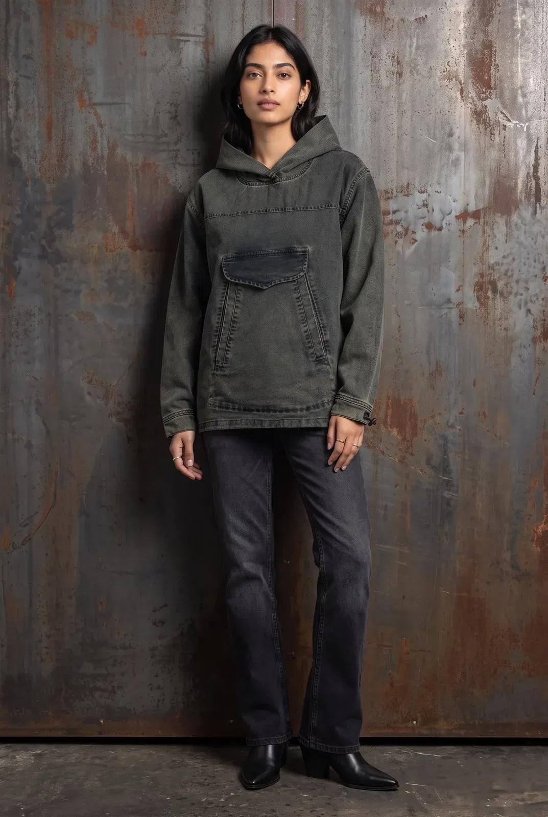 ACID WASH DENIM WOMEN'S HOODIE
