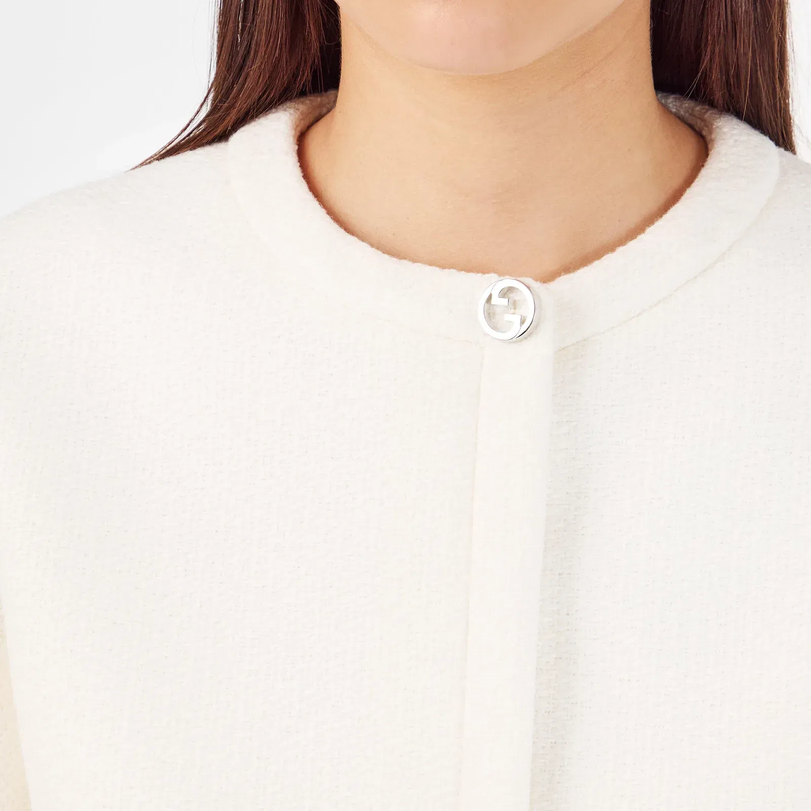 Wool Bouclv© Collarless Long Sleeve Overcoat