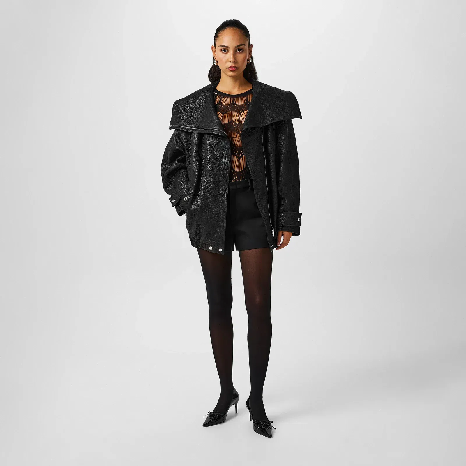 Oversized Lambskin Long Sleeve Leather Jacket