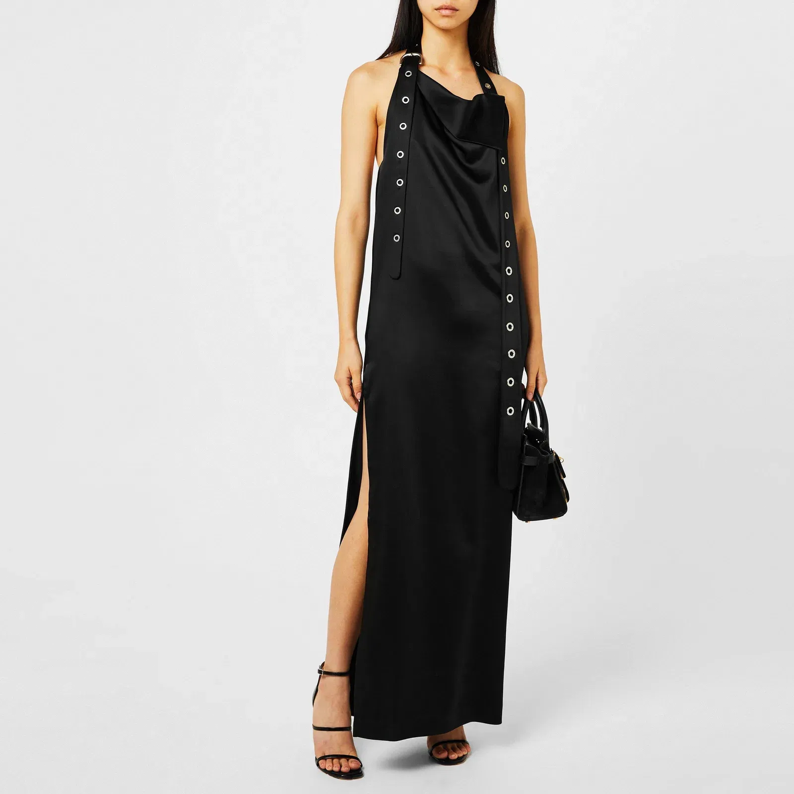 Belted Satin Halter Neck Evening Maxi Dress