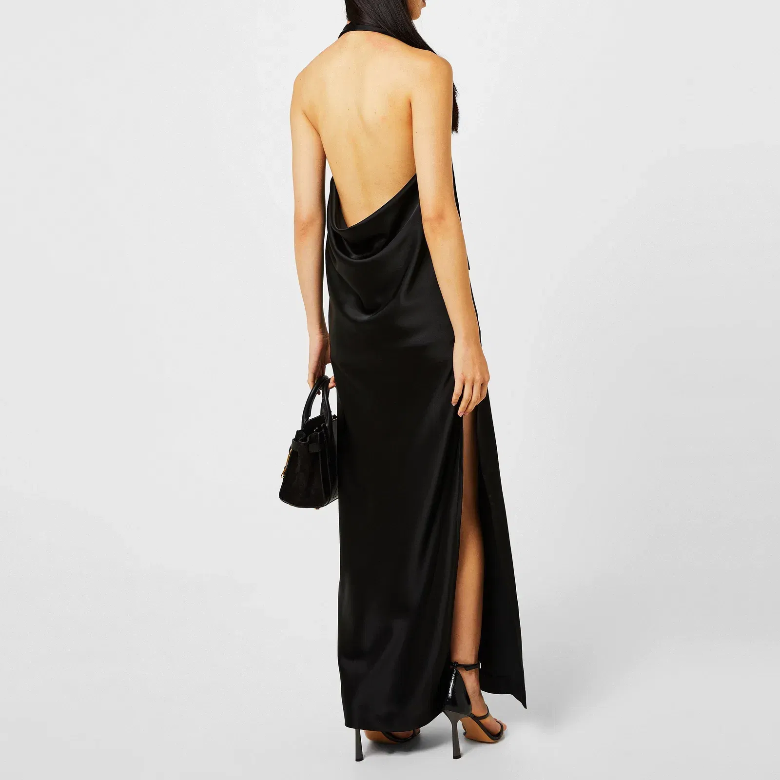 Belted Satin Halter Neck Evening Maxi Dress
