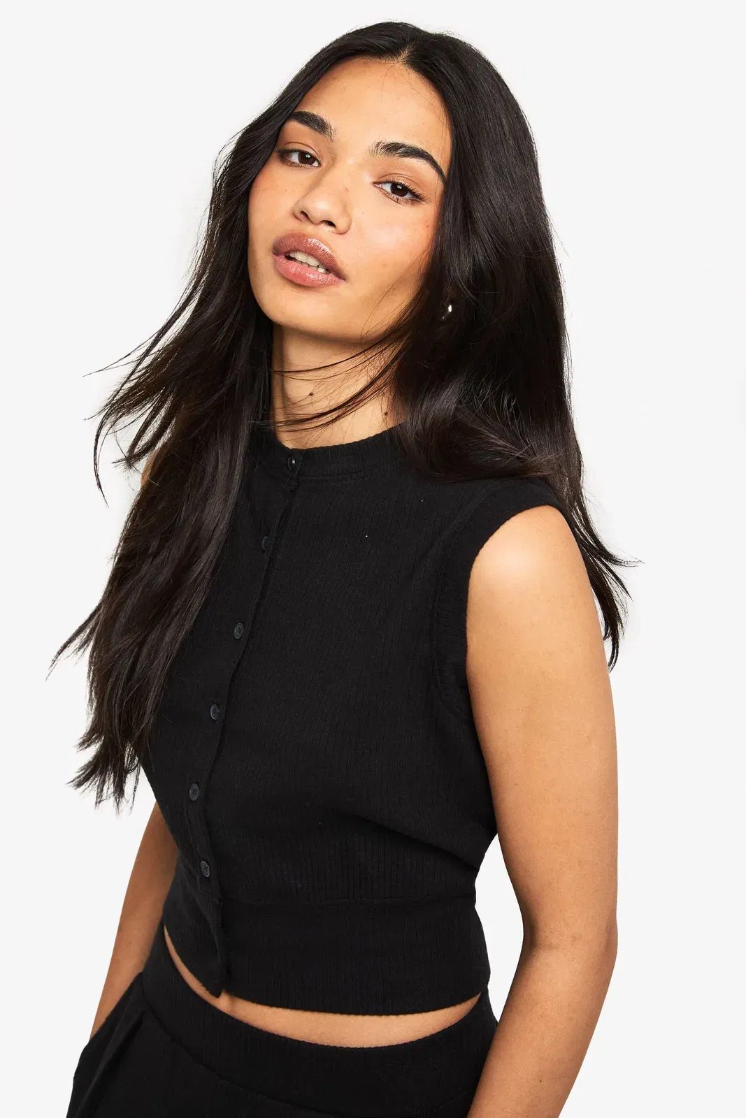 Rib Button Through Sleeveless Top